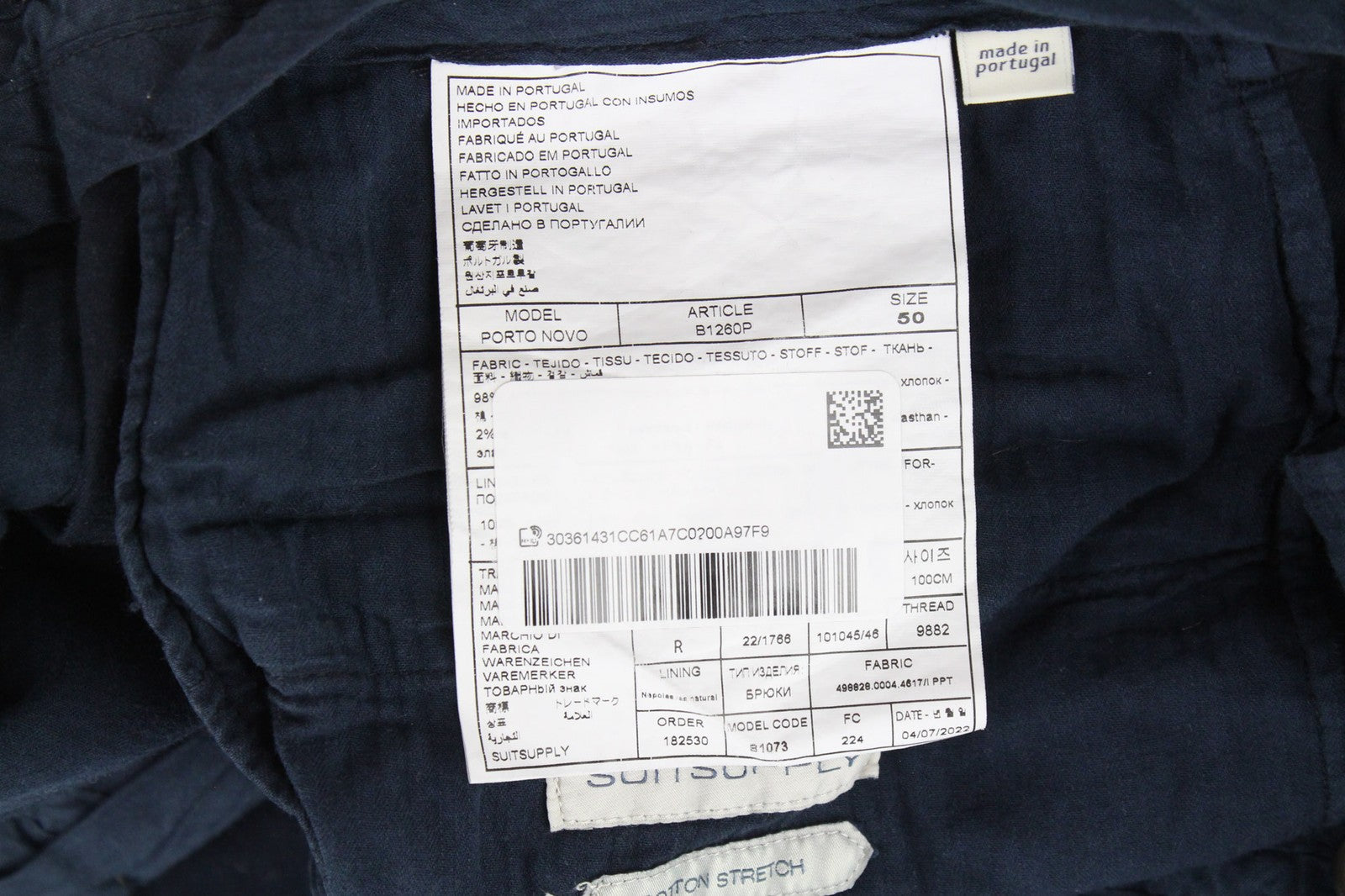 SUITSUPPLY Porto Novo Men's Trousers 50 Slim Navy Cotton Stretch Chino