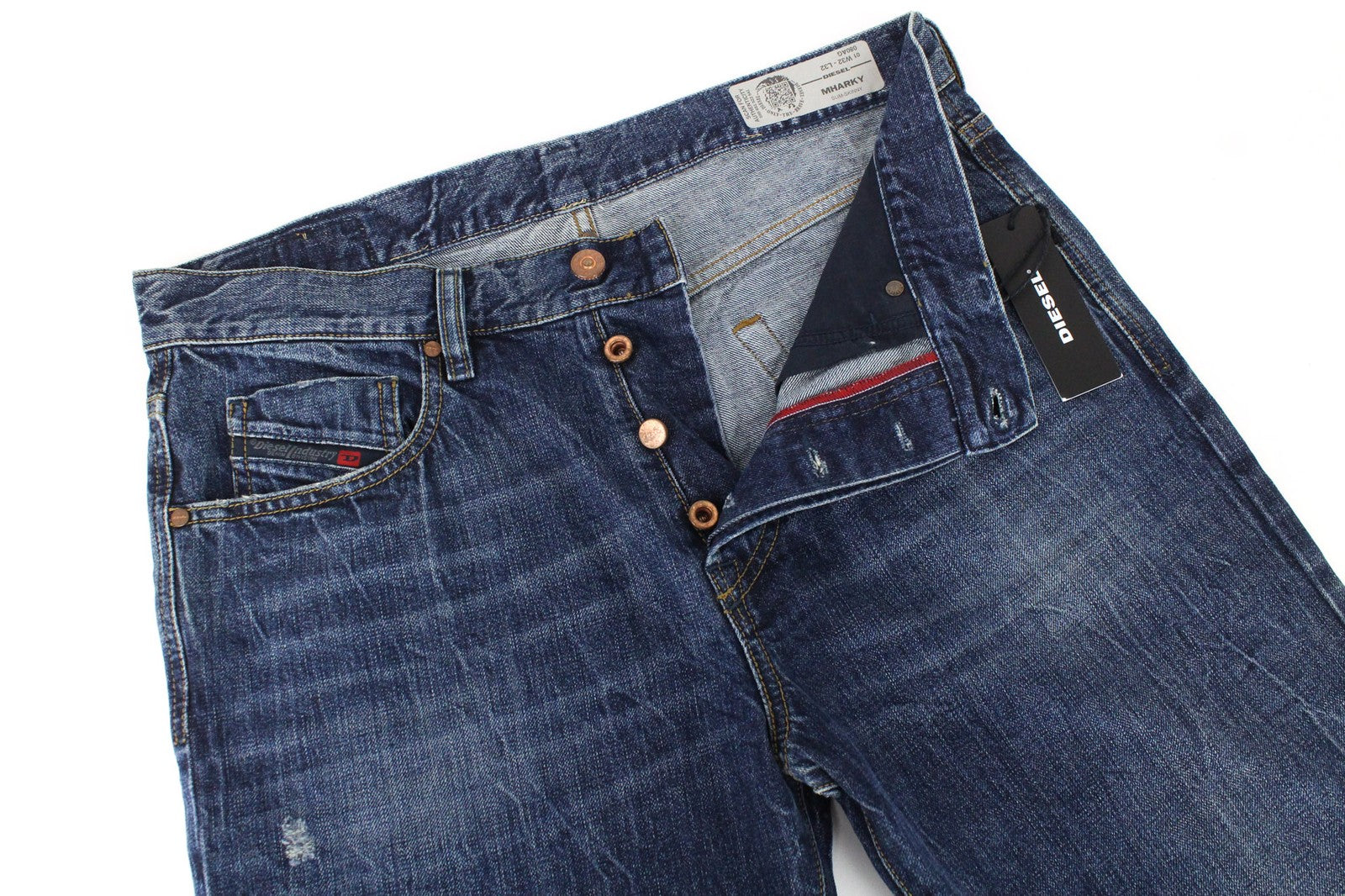 DIESEL Mharky 080AG vyriški W32/L32 ploni mėlyni, dirbtinai tamprūs, netempiami džinsai 