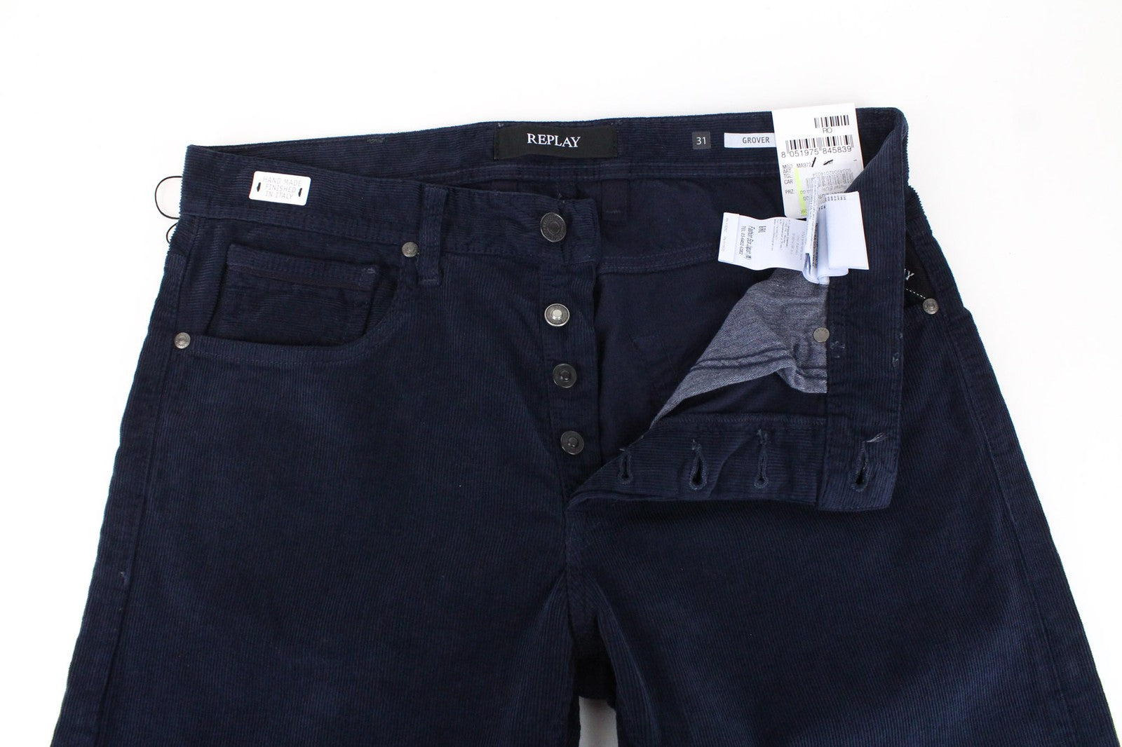 REPLAY Grover Men's Trousers W31/L34 Blue Stretch Velvet Corduroy Straight