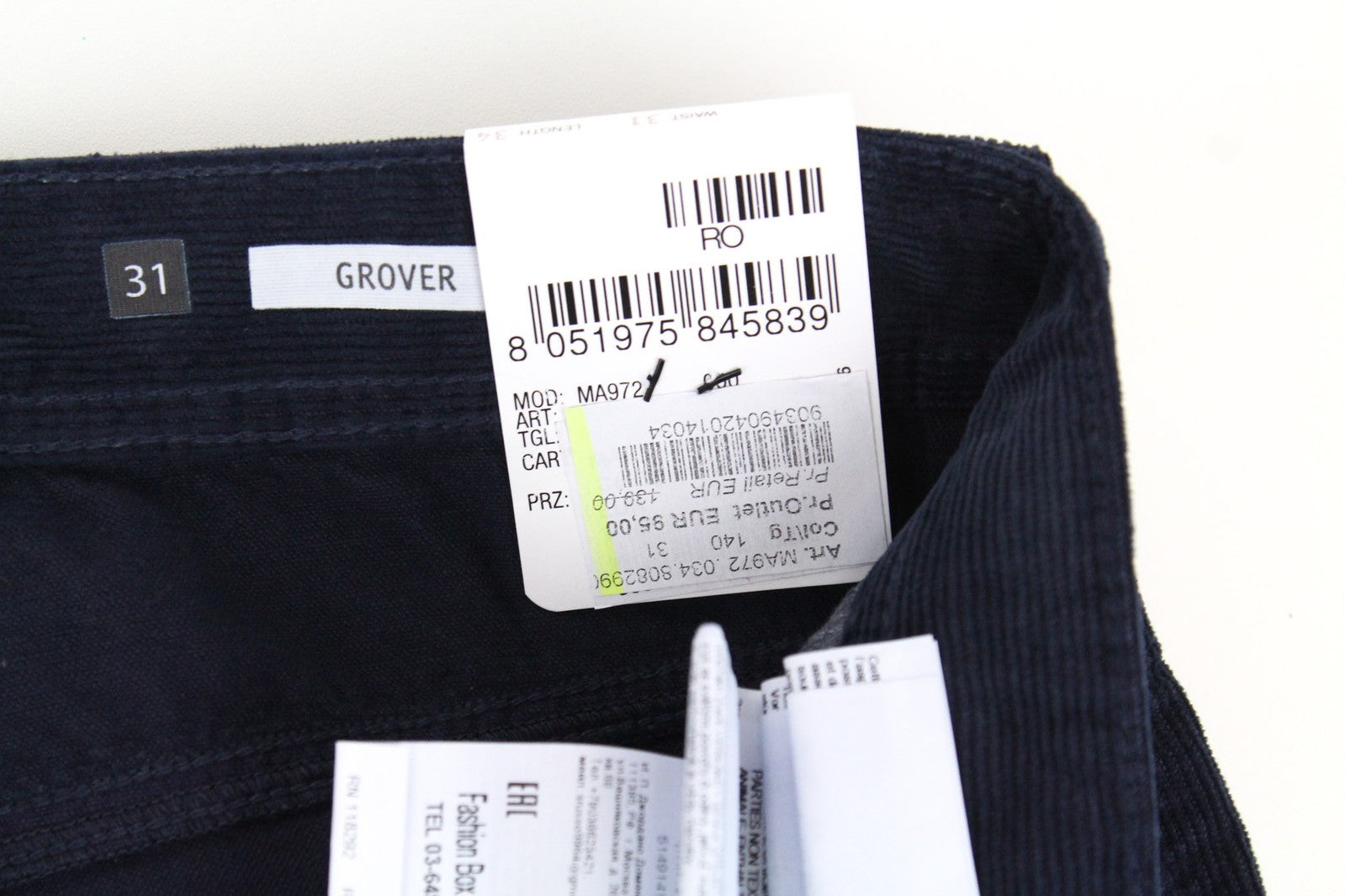 REPLAY Grover Men's Trousers W31/L34 Blue Stretch Velvet Corduroy Straight