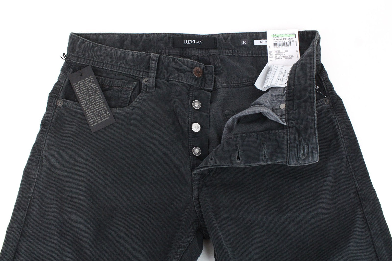 REPLAY Grover Men's W30/L34 Dyed Grey Corduroy Velvet Straight Trousers