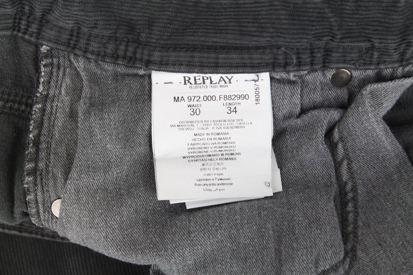 REPLAY Grover Men's W30/L34 Dyed Grey Corduroy Velvet Straight Trousers