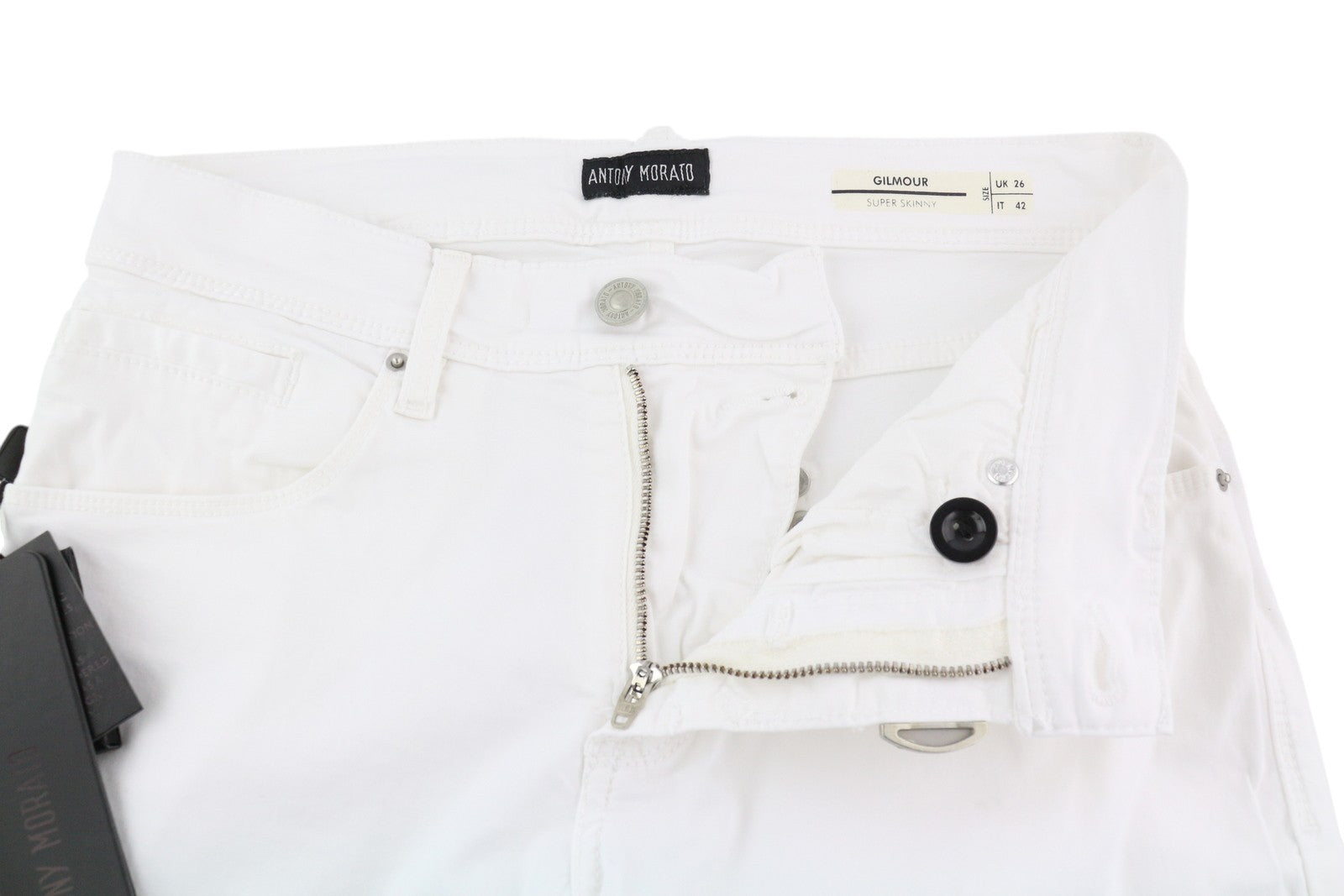 ANTONY MORATO Gilmour vyriškos kelnės W26 baltos itin aptemptos, su užtrauktuku, rekomenduojama kaina – 130 € 