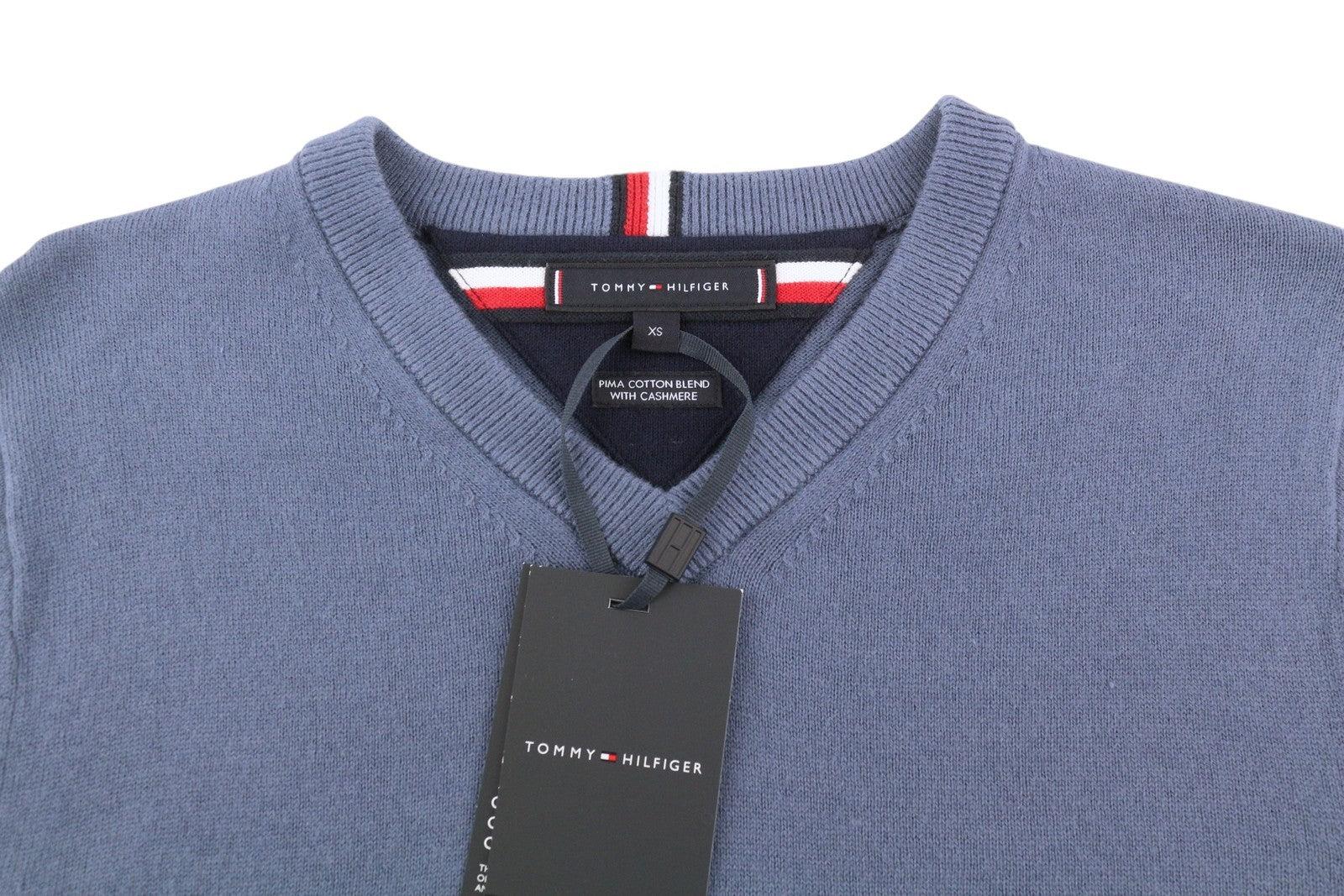 TOMMY HILFIGER Pima Org Ctn Cashmere V Neck vyriškas megztinis XS dydžio megztinis megztinis mėlynas 