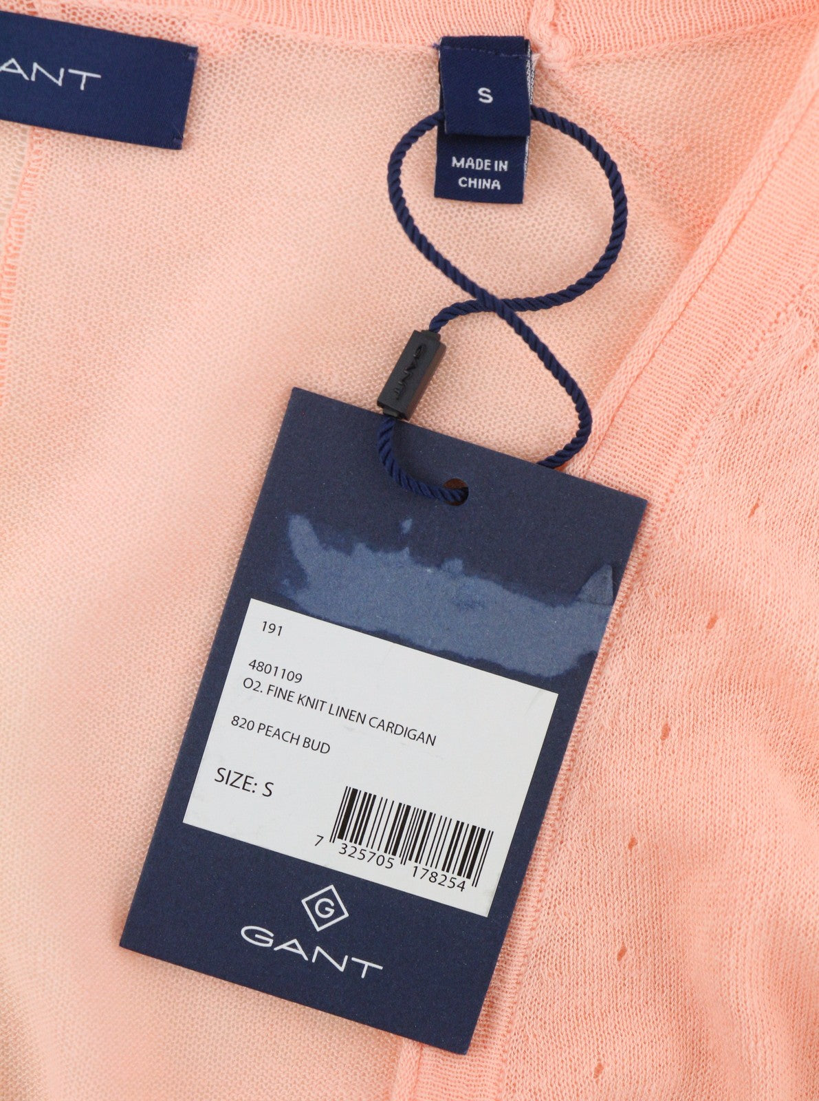 GANT plono megzto lininio kardigano moterims megztinis S, persikų spalvos, megztas su sagomis, V formos iškirpte, tamprus 