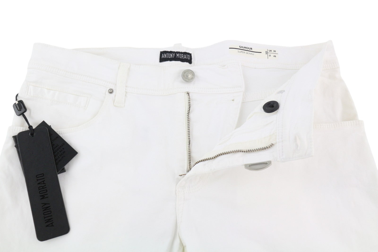 ANTONY MORATO Gilmour vyriškos kelnės W30 baltos itin aptemptos su užtrauktuku, rekomenduojama kaina – 130 € 
