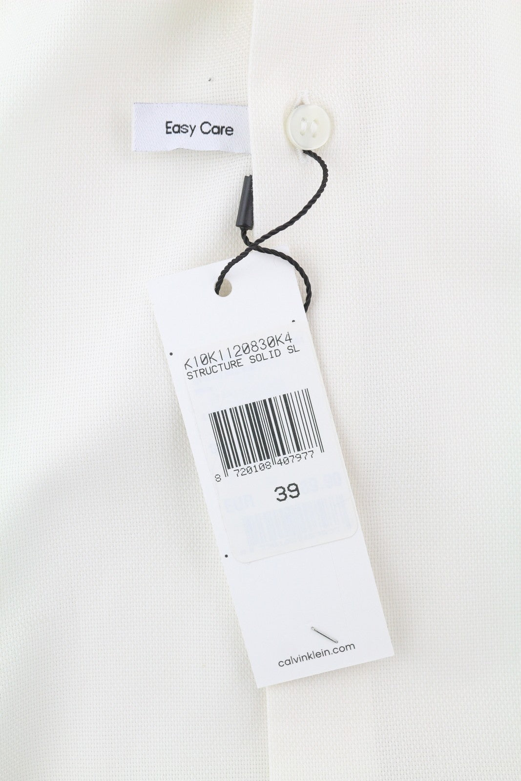 CALVIN KLEIN Structure Solid Slim vyriški oficialūs marškinėliai, 39 m, balti, su sagomis, išskleidžiama kaklo dalimi. 