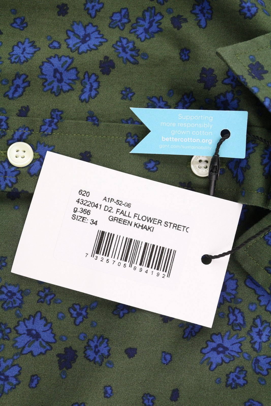 GANT rudens gėlių tamprūs moteriški marškinėliai EU34 žali chaki spalvos su sagomis ir platėjančia apykakle 