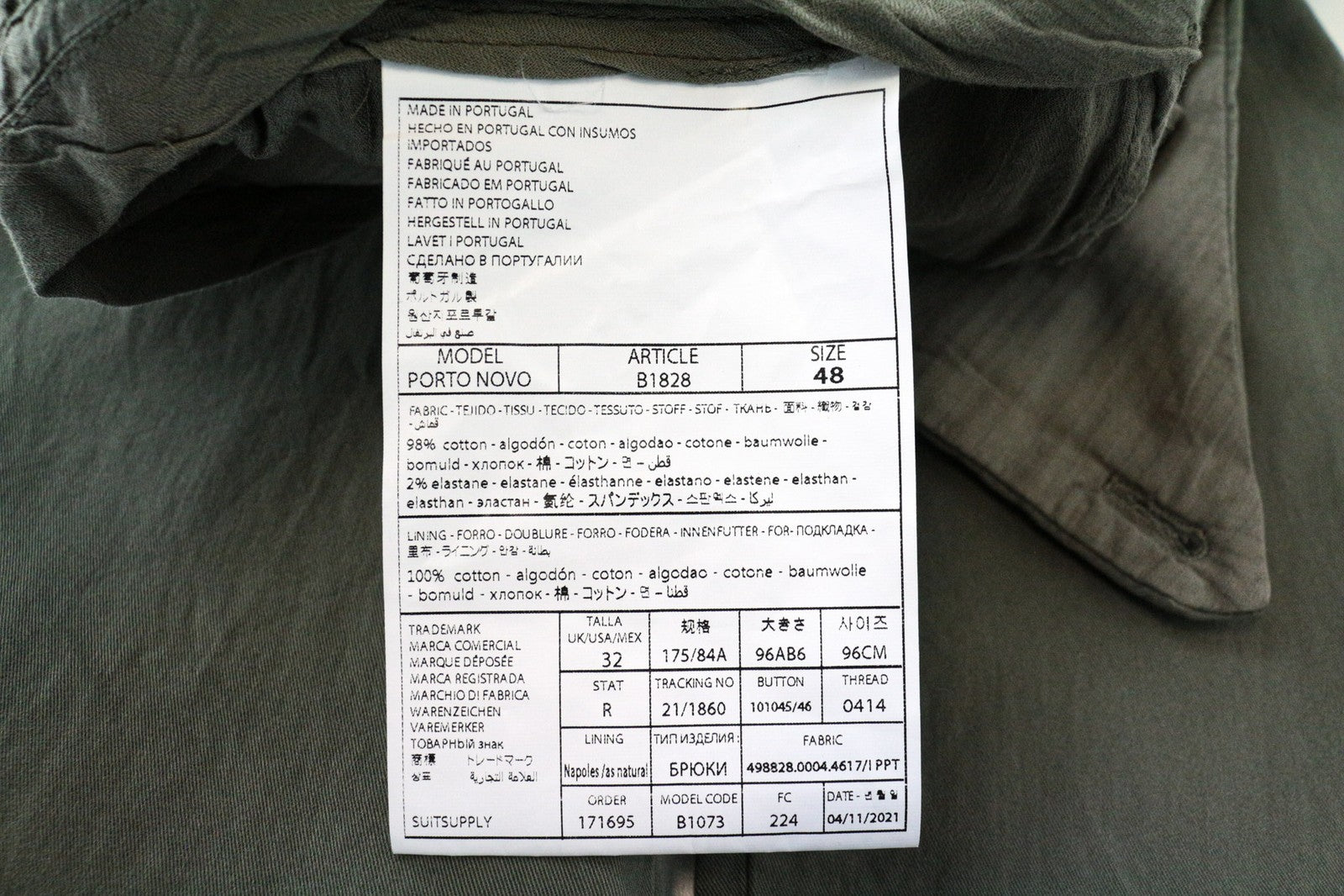 SUITSUPPLY Porto Novo Men's Trousers UK32R Green Slim Fit Stretch Chinos