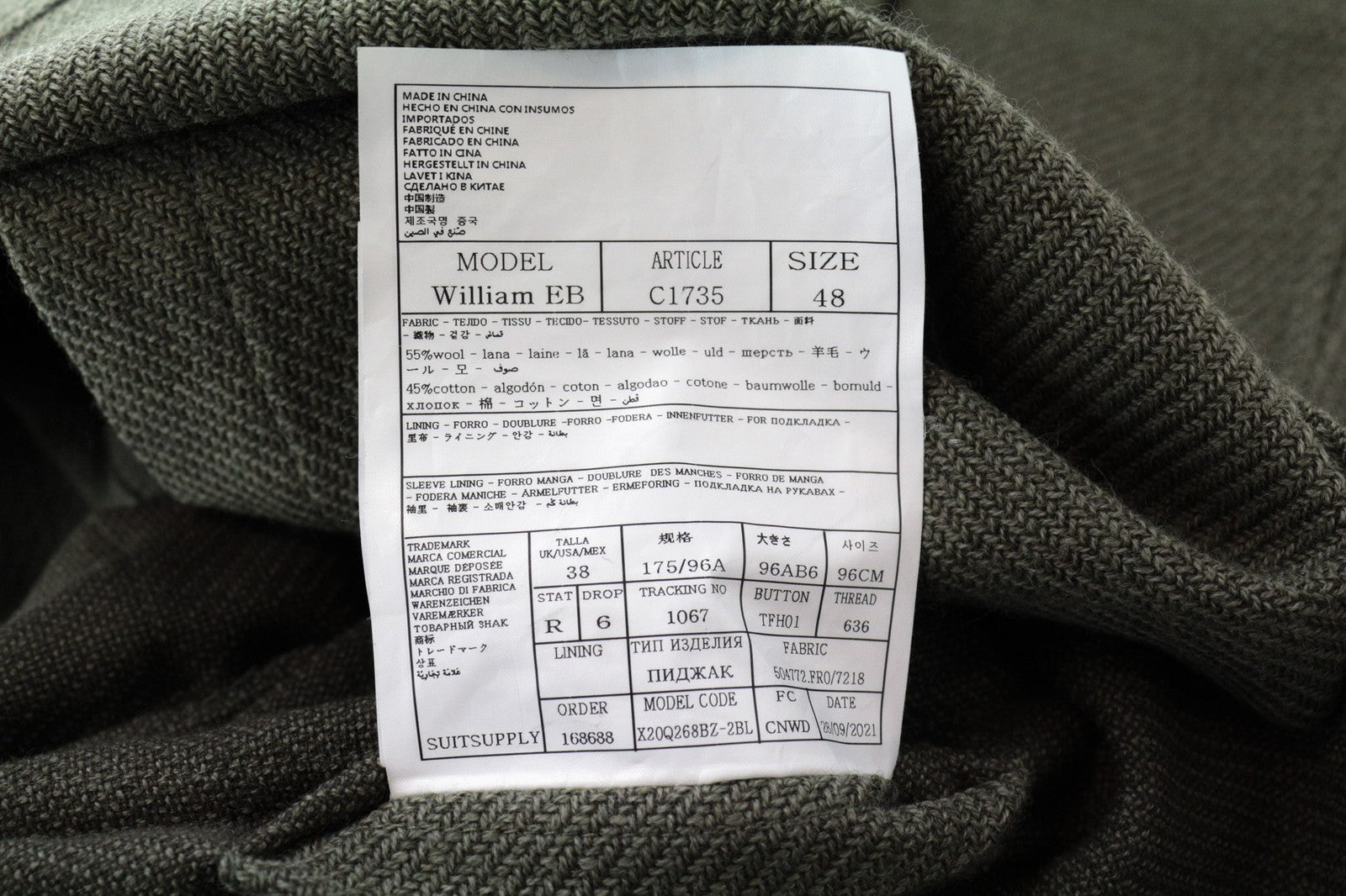 SUITSUPPLY William EB vyriška striukė UK38R žalia laisvo kirpimo vilnoniai marškinėliai 