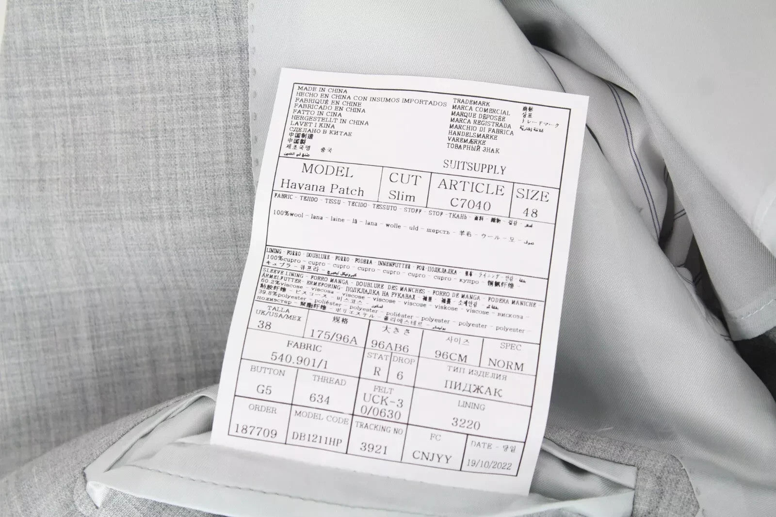 SUITSUPPLY Havana Patch Men's Suit UK38R Grey Wool Super 120's Tailored Fit