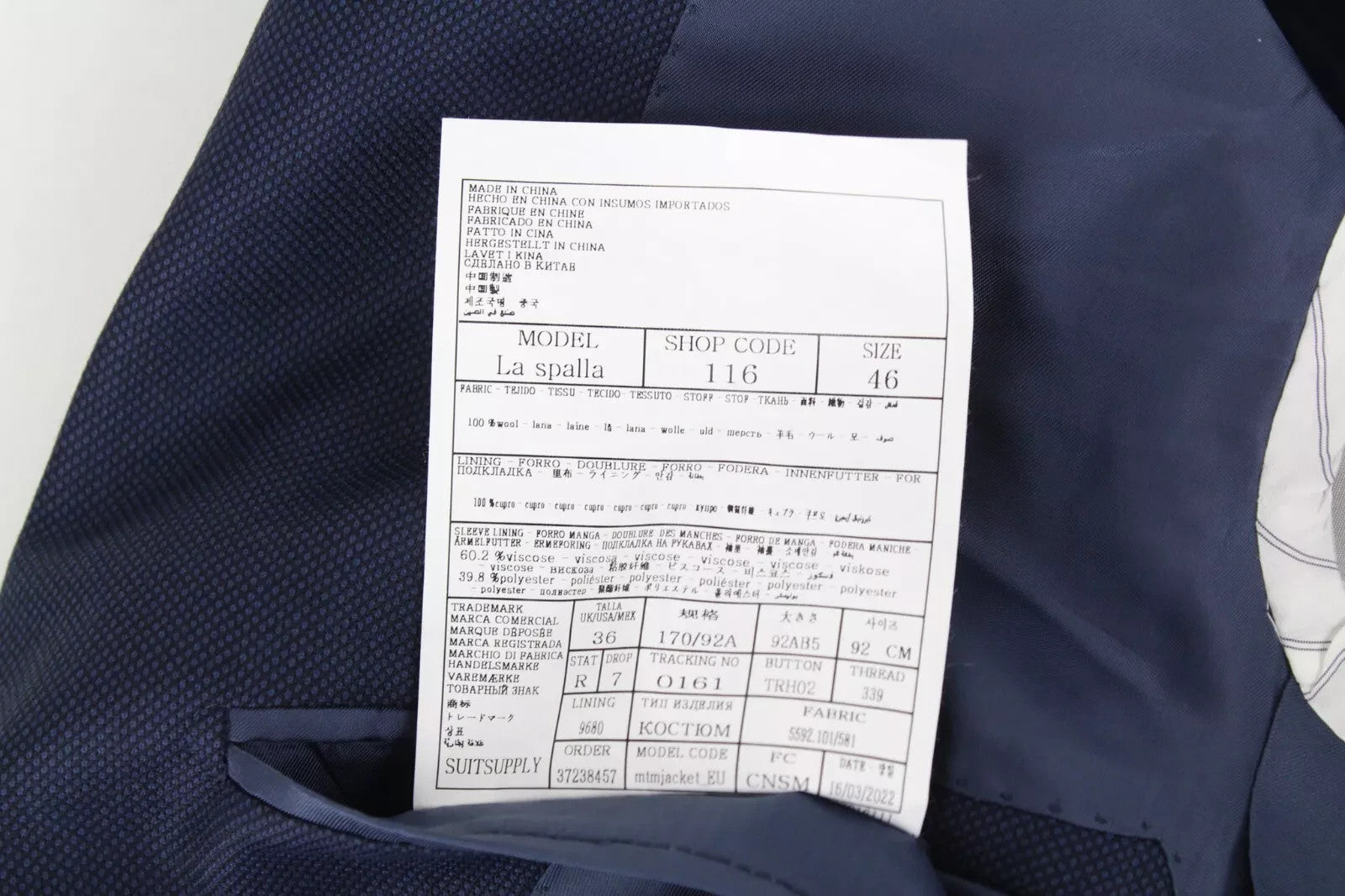 SUITSUPPLY La Spalla Men's Two-Piece Suit UK36R Blue Wool One Button Front