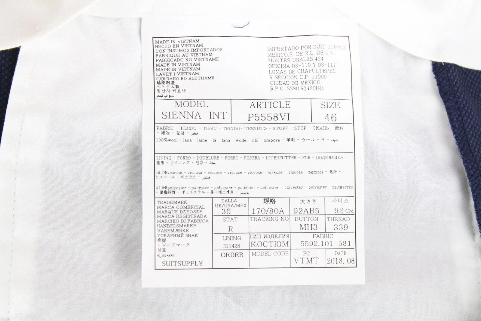 SUITSUPPLY La Spalla Men's Two-Piece Suit UK36R Blue Wool One Button Front