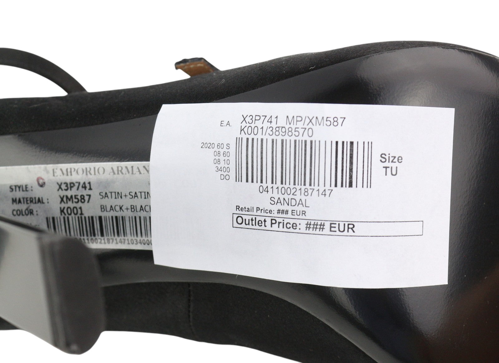 EMPORIO ARMANI X3P741 moteriški aukštakulniai EU37 juodi atlasiniai atviri pirštai su sagtimi ir logotipu laisvalaikiui 