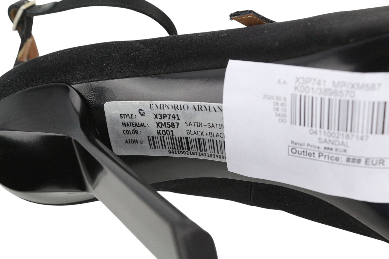 EMPORIO ARMANI X3P741 moteriški aukštakulniai EU37 juodi atlasiniai atviri pirštai su sagtimi ir logotipu laisvalaikiui 