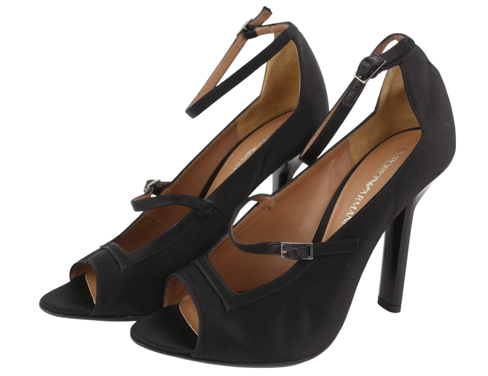 EMPORIO ARMANI X3P741 moteriški aukštakulniai EU37 juodi atlasiniai atviri pirštai su sagtimi ir logotipu laisvalaikiui 