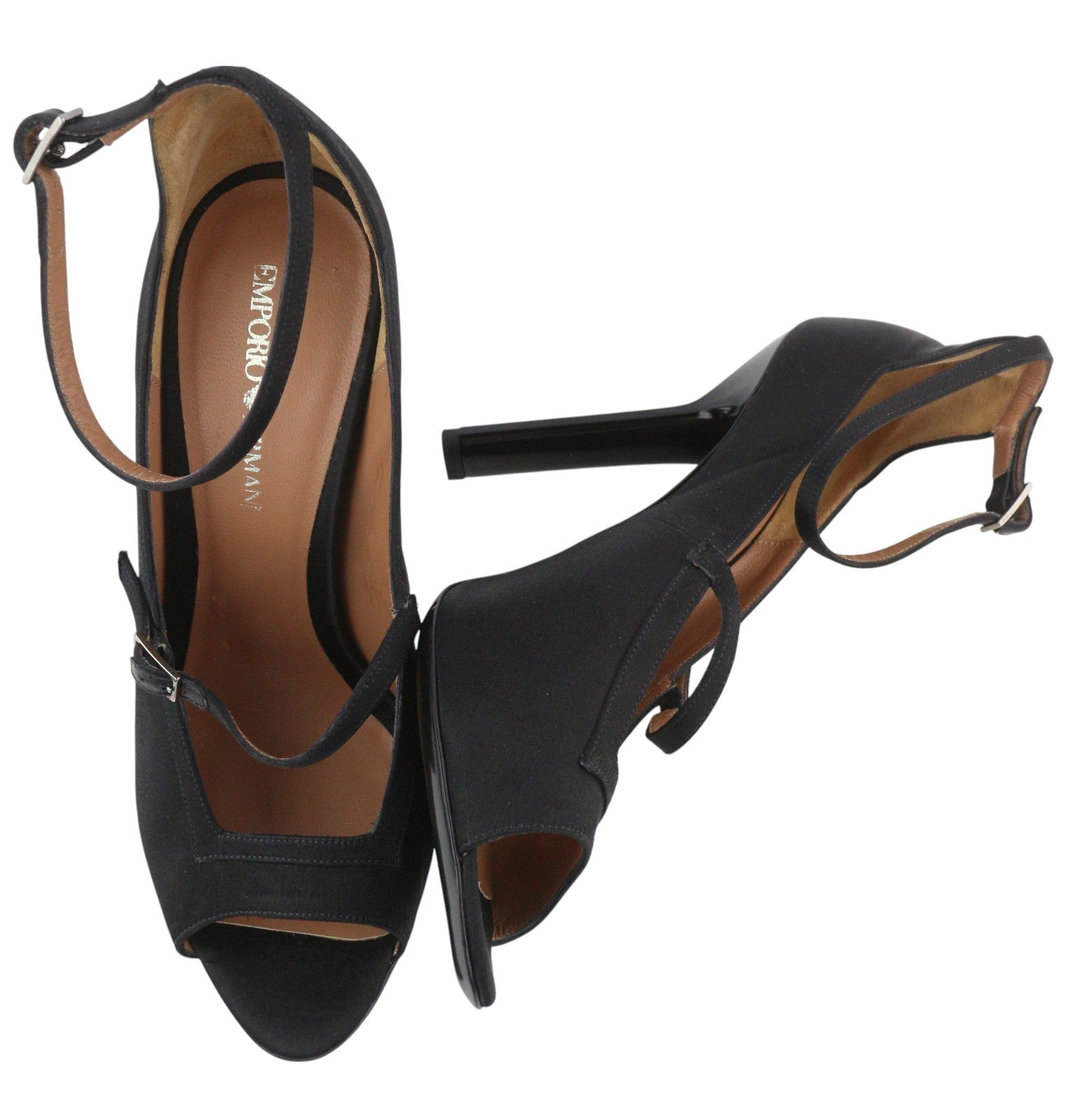 EMPORIO ARMANI X3P741 moteriški aukštakulniai EU37 juodi atlasiniai atviri pirštai su sagtimi ir logotipu laisvalaikiui 