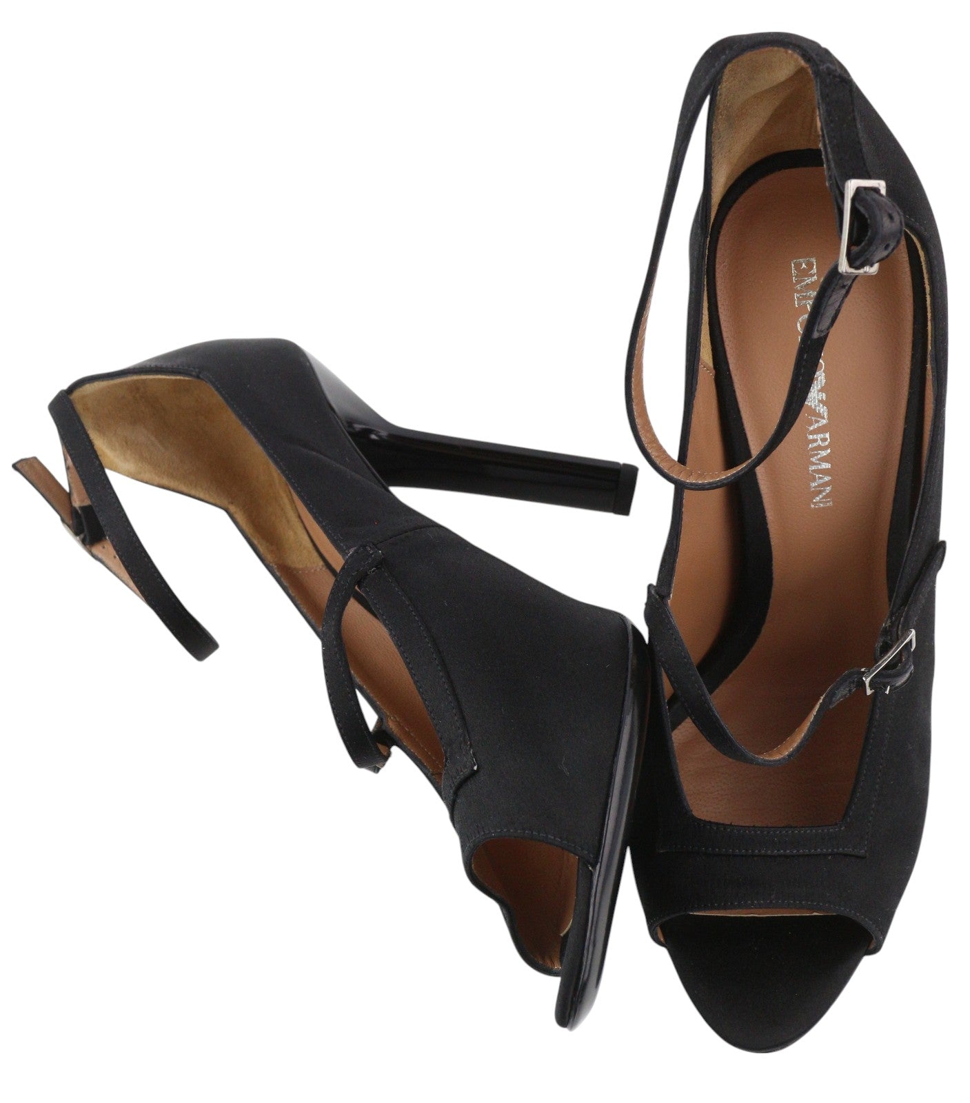 EMPORIO ARMANI X3P741 moteriški aukštakulniai EU37 juodi atlasiniai atviri pirštai su sagtimi ir logotipu laisvalaikiui 