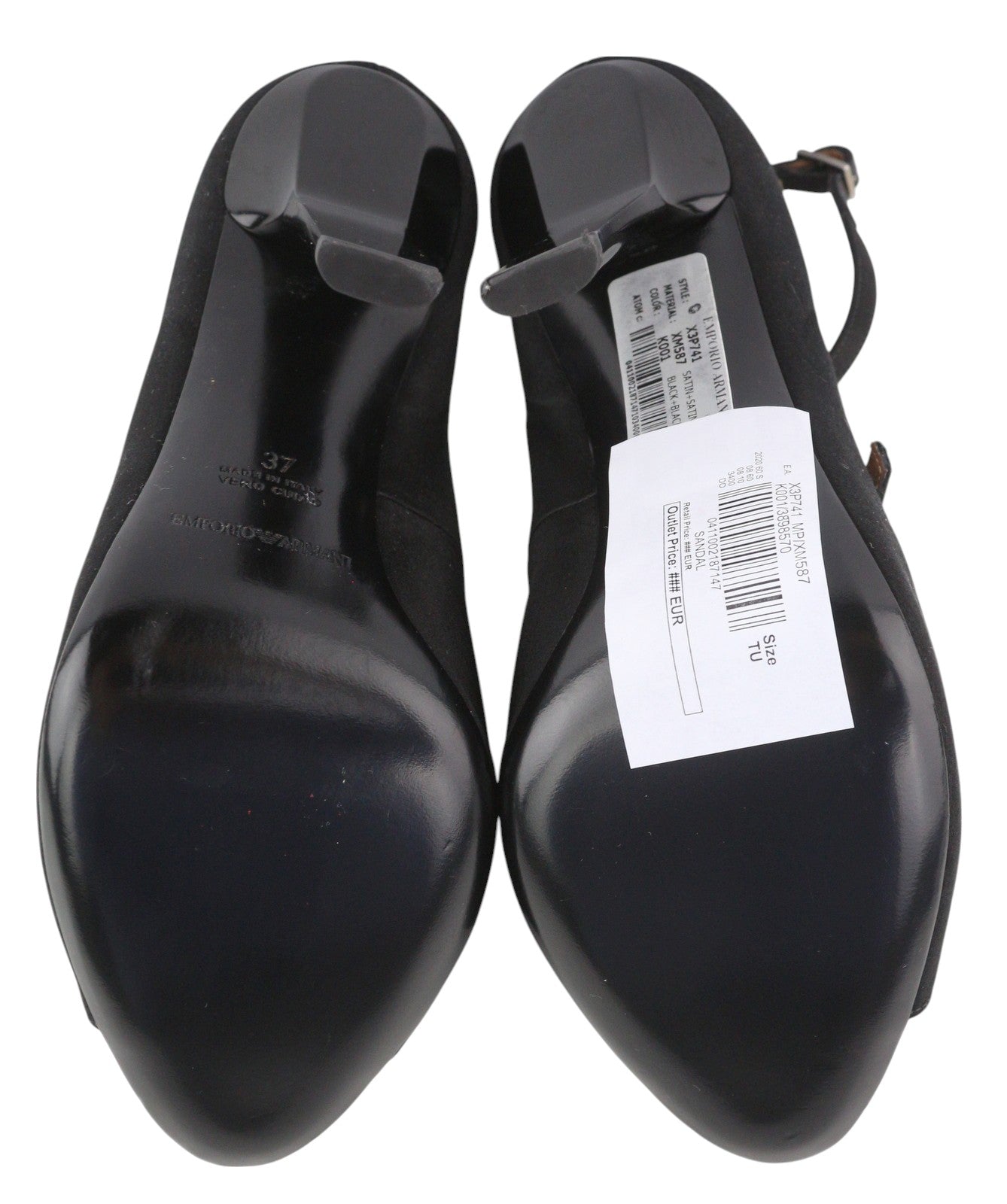 EMPORIO ARMANI X3P741 moteriški aukštakulniai EU37 juodi atlasiniai atviri pirštai su sagtimi ir logotipu laisvalaikiui 