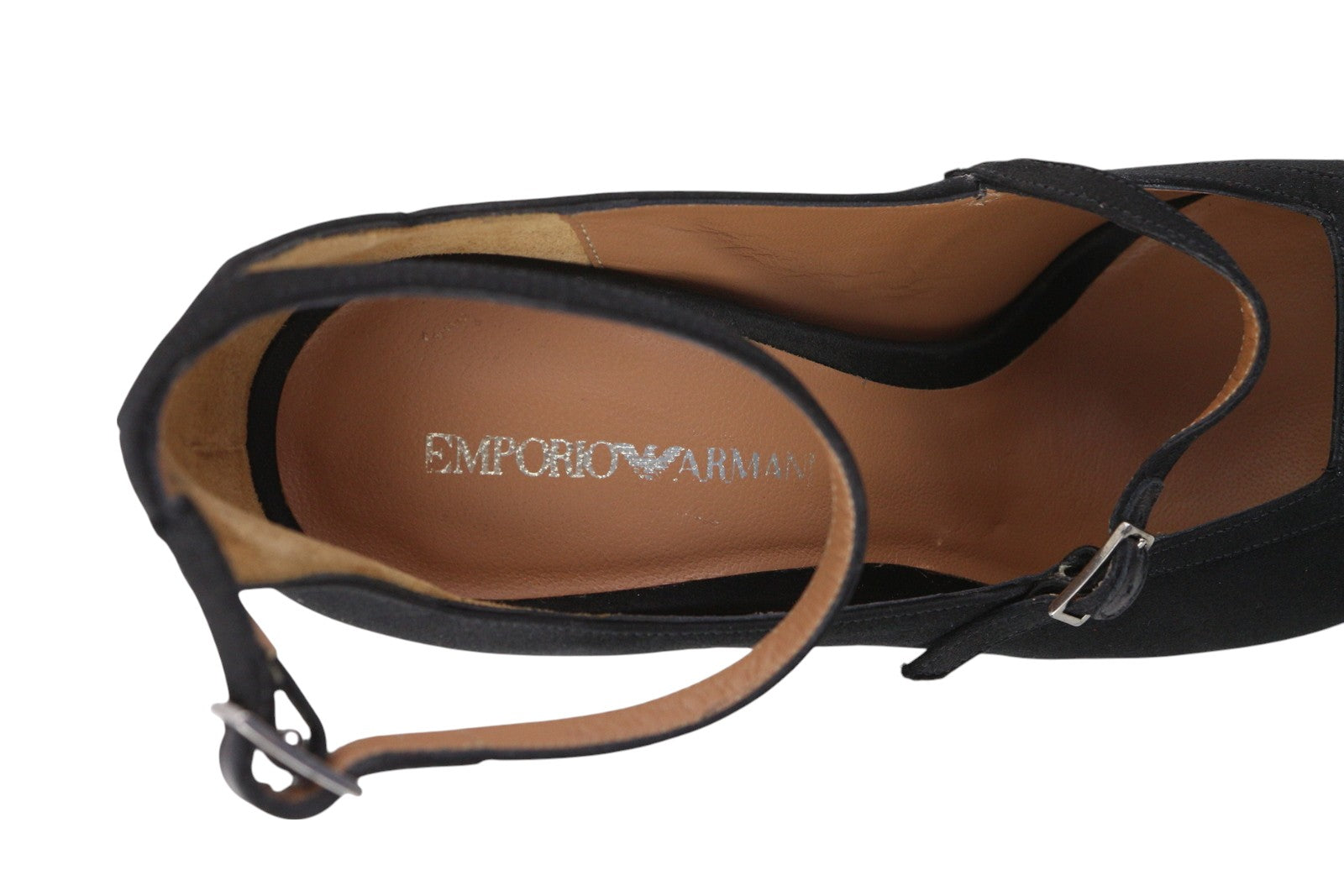 EMPORIO ARMANI X3P741 moteriški aukštakulniai EU37 juodi atlasiniai atviri pirštai su sagtimi ir logotipu laisvalaikiui 