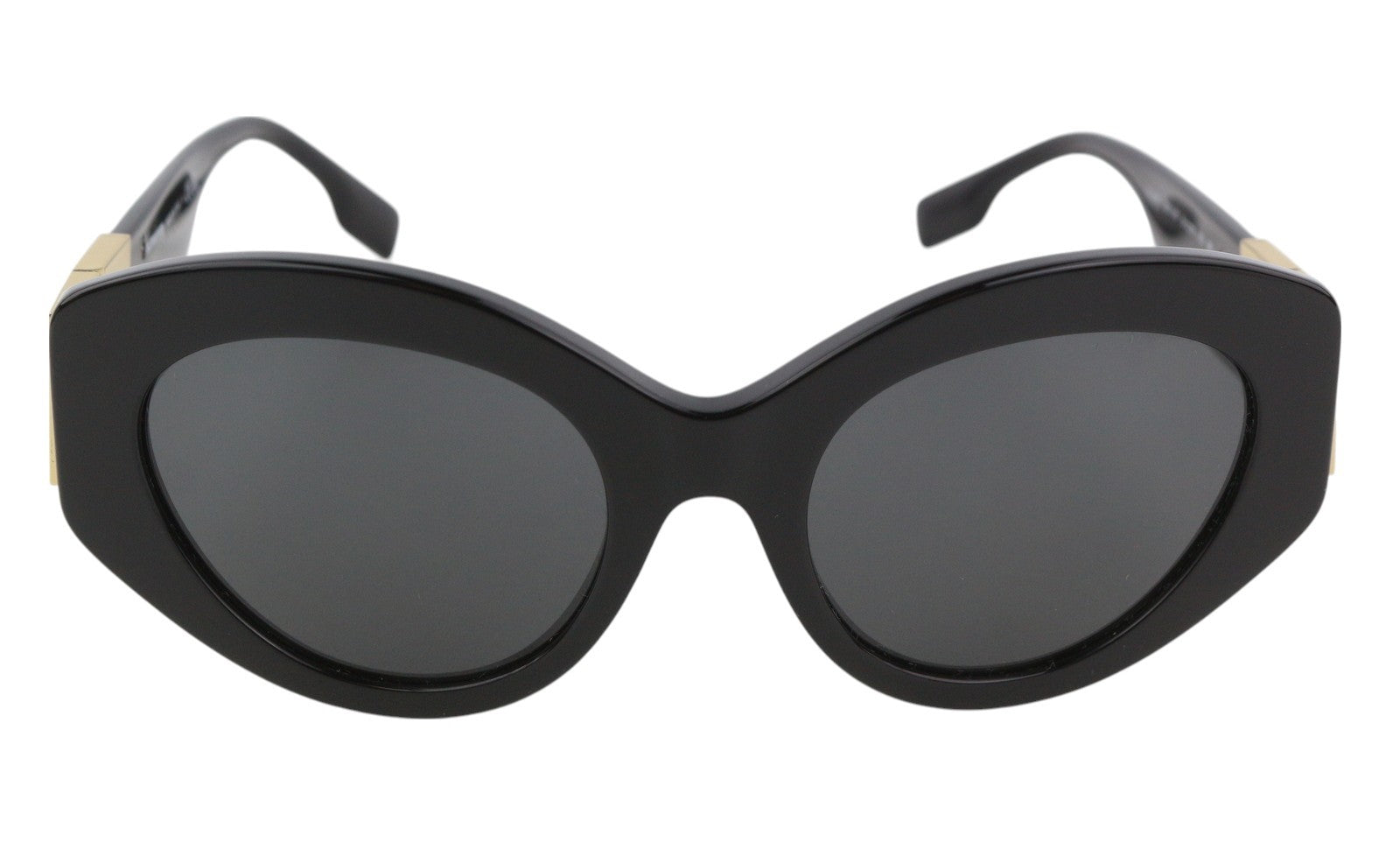 BURBERRY Sophia moteriški akiniai nuo saulės OS juodos spalvos su katės akių formos auksinėmis detalėmis, rekomenduojama kaina – 250 € 
