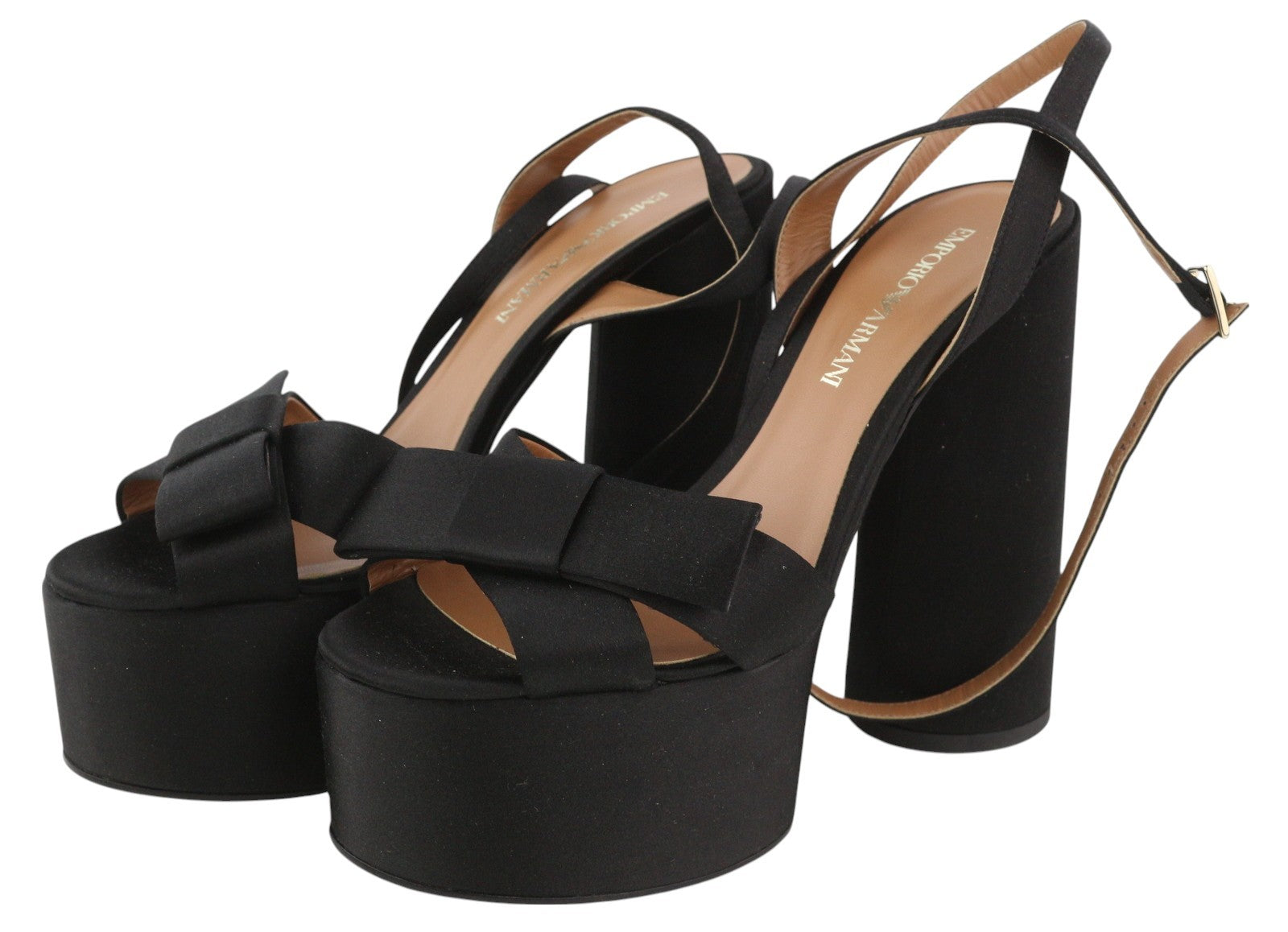 EMPORIO ARMANI X3P738 moteriški aukštakulniai EU37 juodos atlasinės atviros platformos basutės 