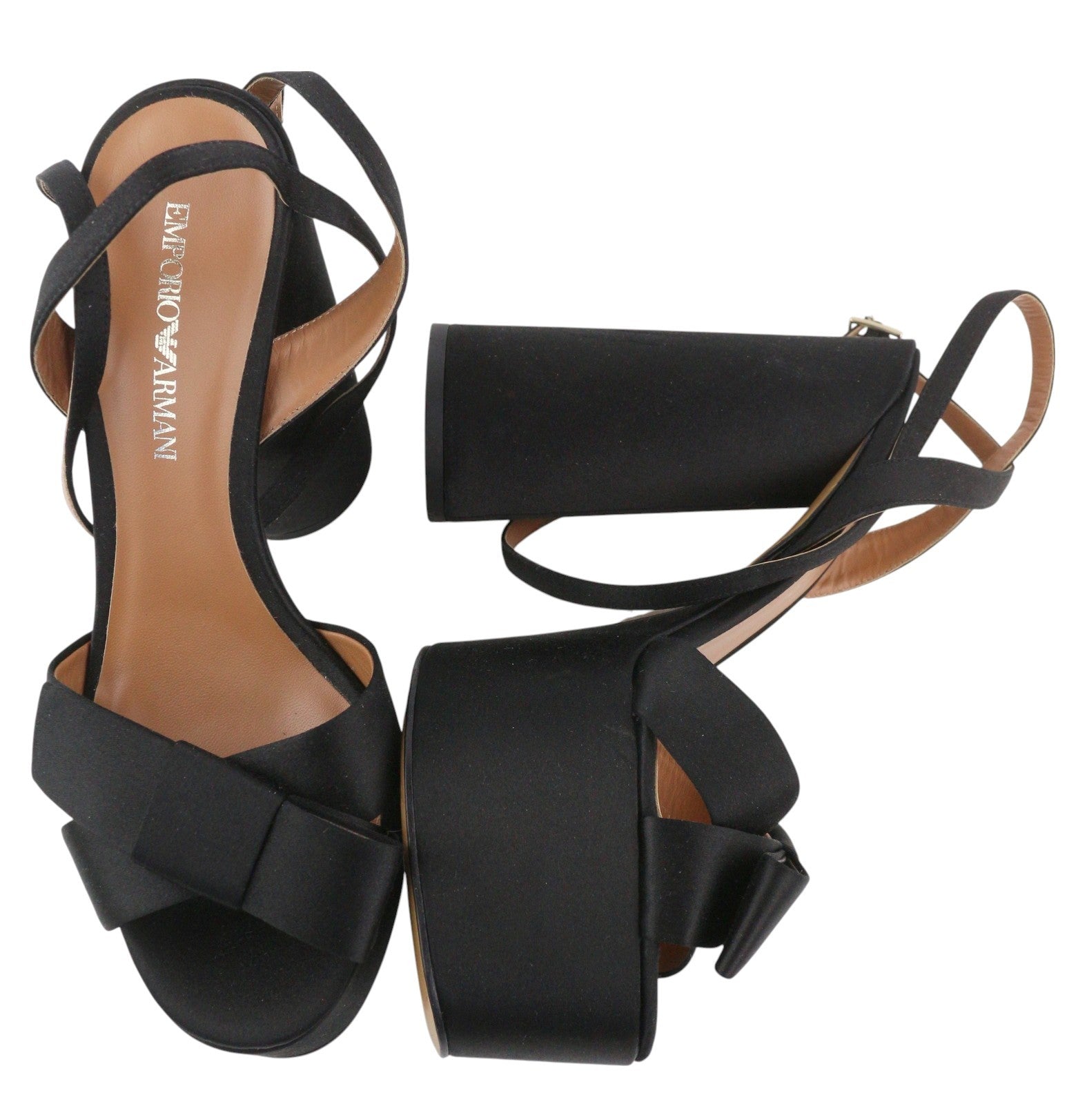 EMPORIO ARMANI X3P738 moteriški aukštakulniai EU37 juodos atlasinės atviros platformos basutės 