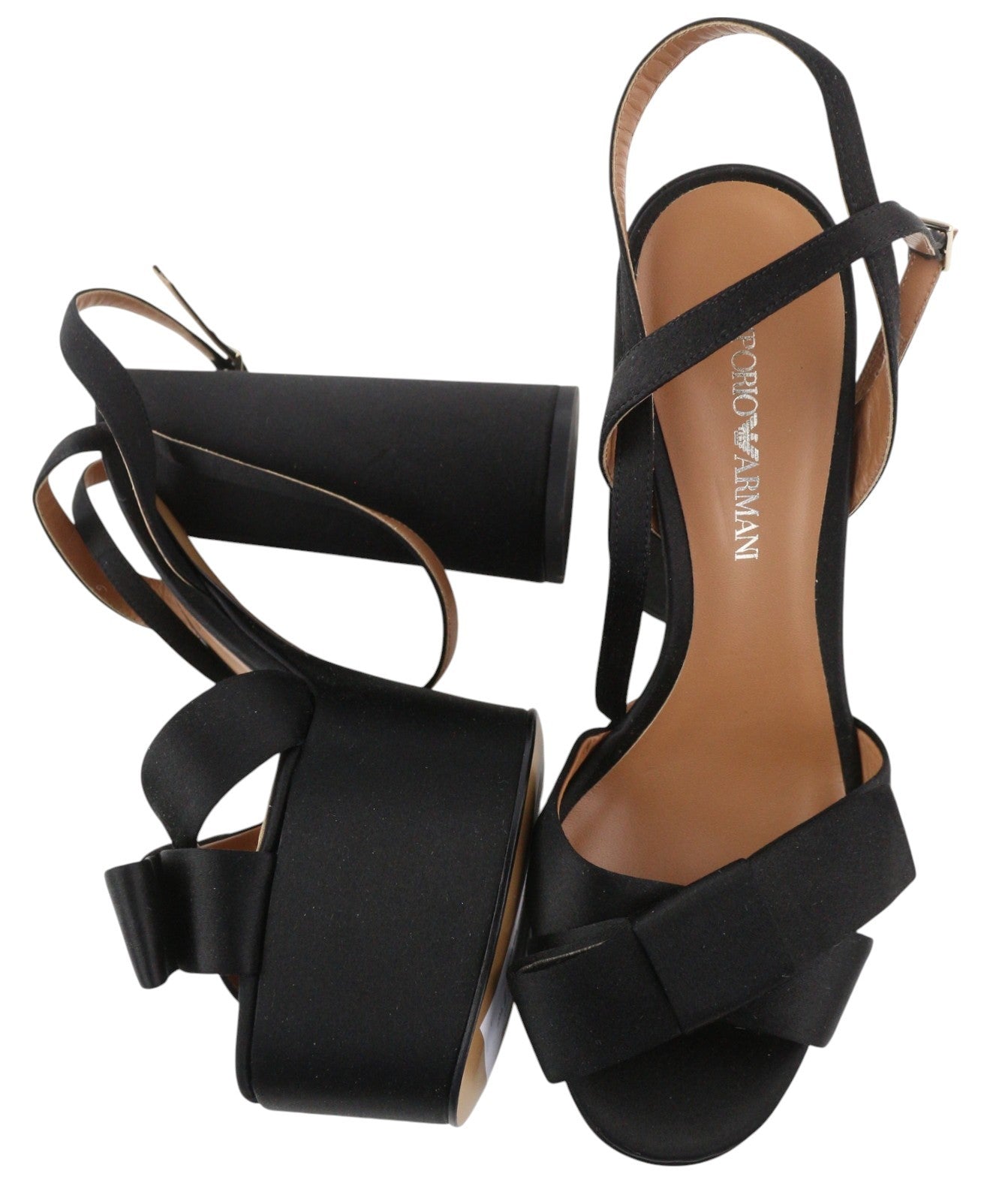 EMPORIO ARMANI X3P738 moteriški aukštakulniai EU37 juodos atlasinės atviros platformos basutės 