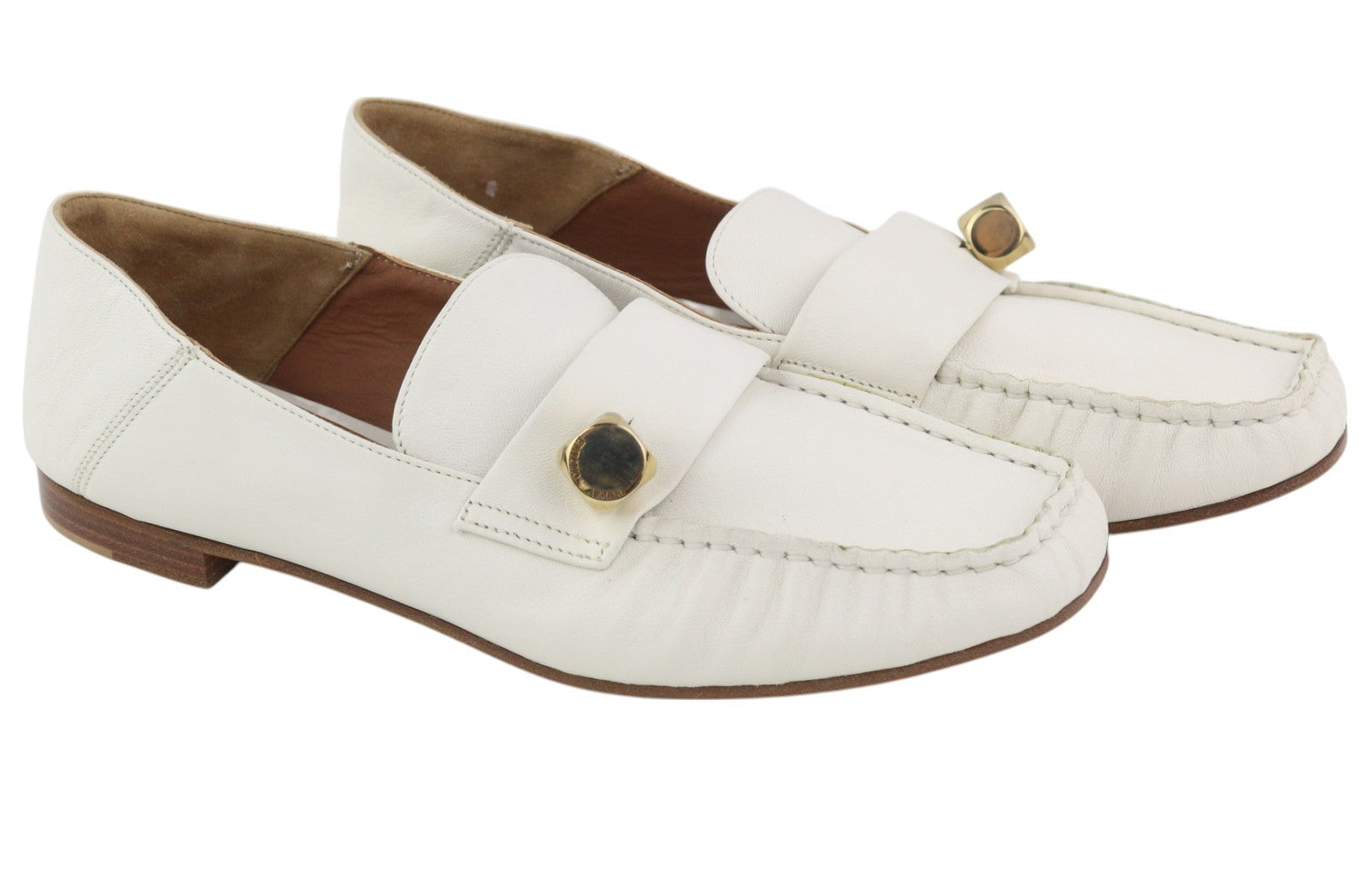 EMPORIO ARMANI moteriški bateliai, 37 EU, balti, odiniai, kvadratiniai, aukso spalvos, mokasinai su detalėmis. 