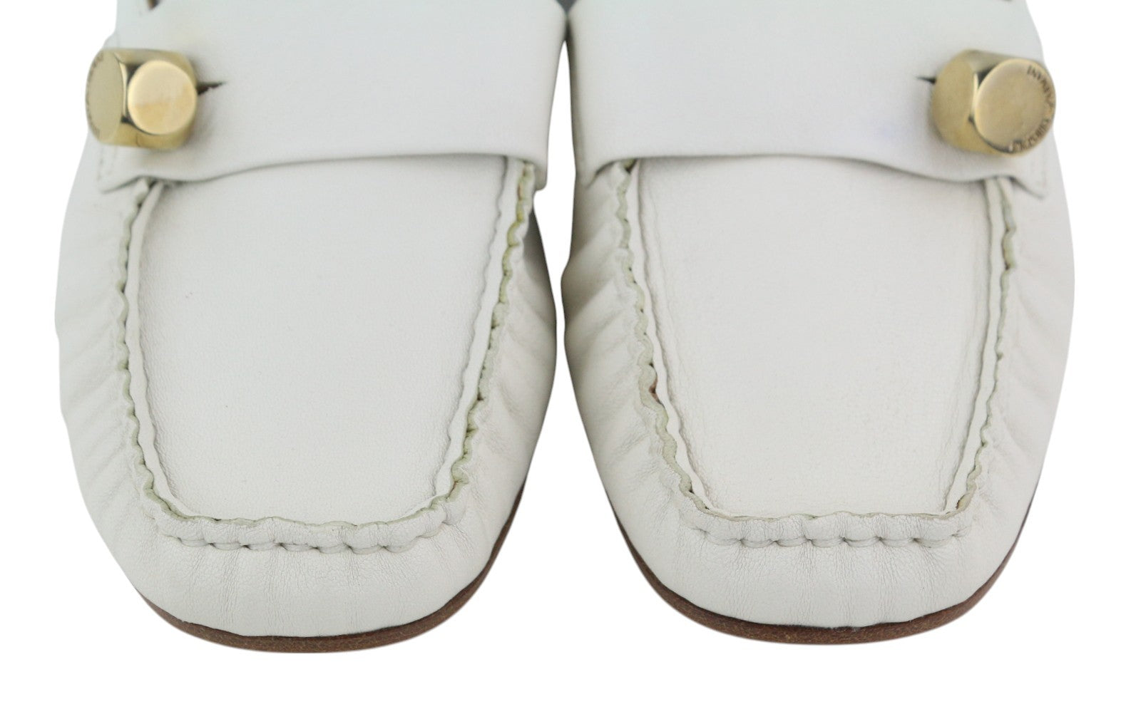 EMPORIO ARMANI moteriški bateliai, 37 EU, balti, odiniai, kvadratiniai, aukso spalvos, mokasinai su detalėmis. 