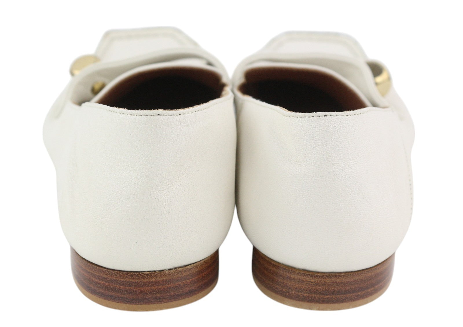 EMPORIO ARMANI moteriški bateliai, 37 EU, balti, odiniai, kvadratiniai, aukso spalvos, mokasinai su detalėmis. 