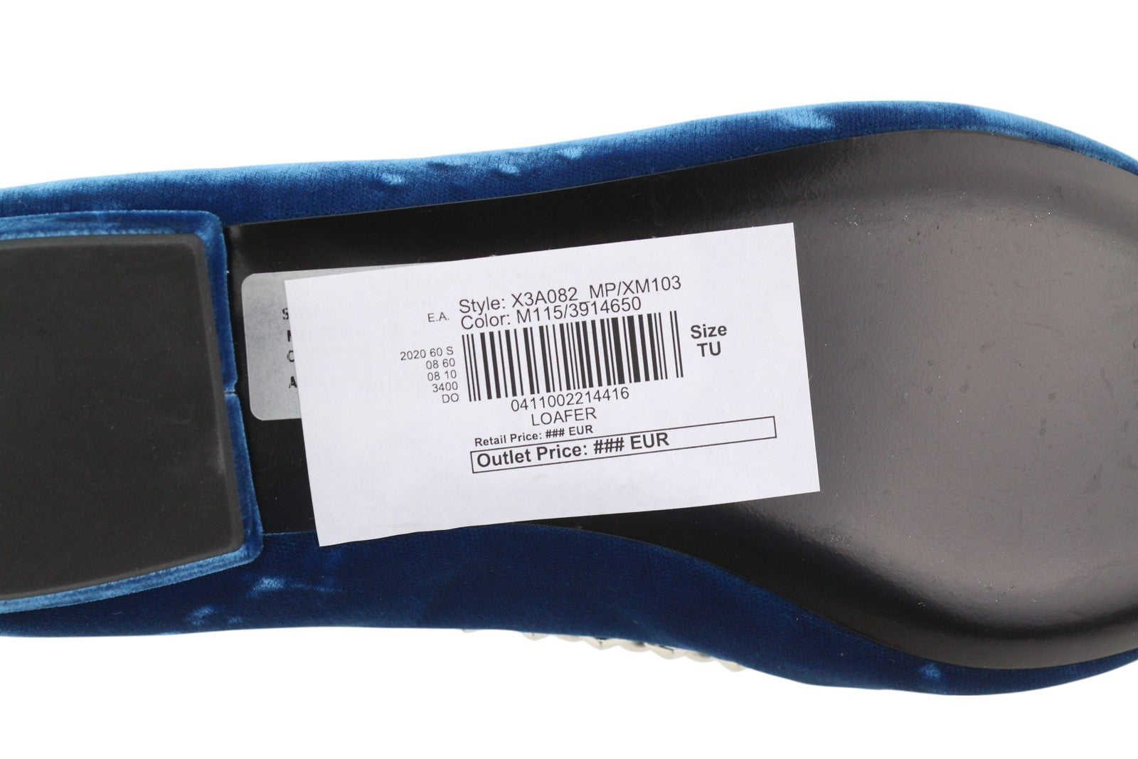 EMPORIO ARMANI X3A082 moteriški bateliai, 37 dydis, mėlyni, aksominiai, smaili nosis, metalinės detalės. 