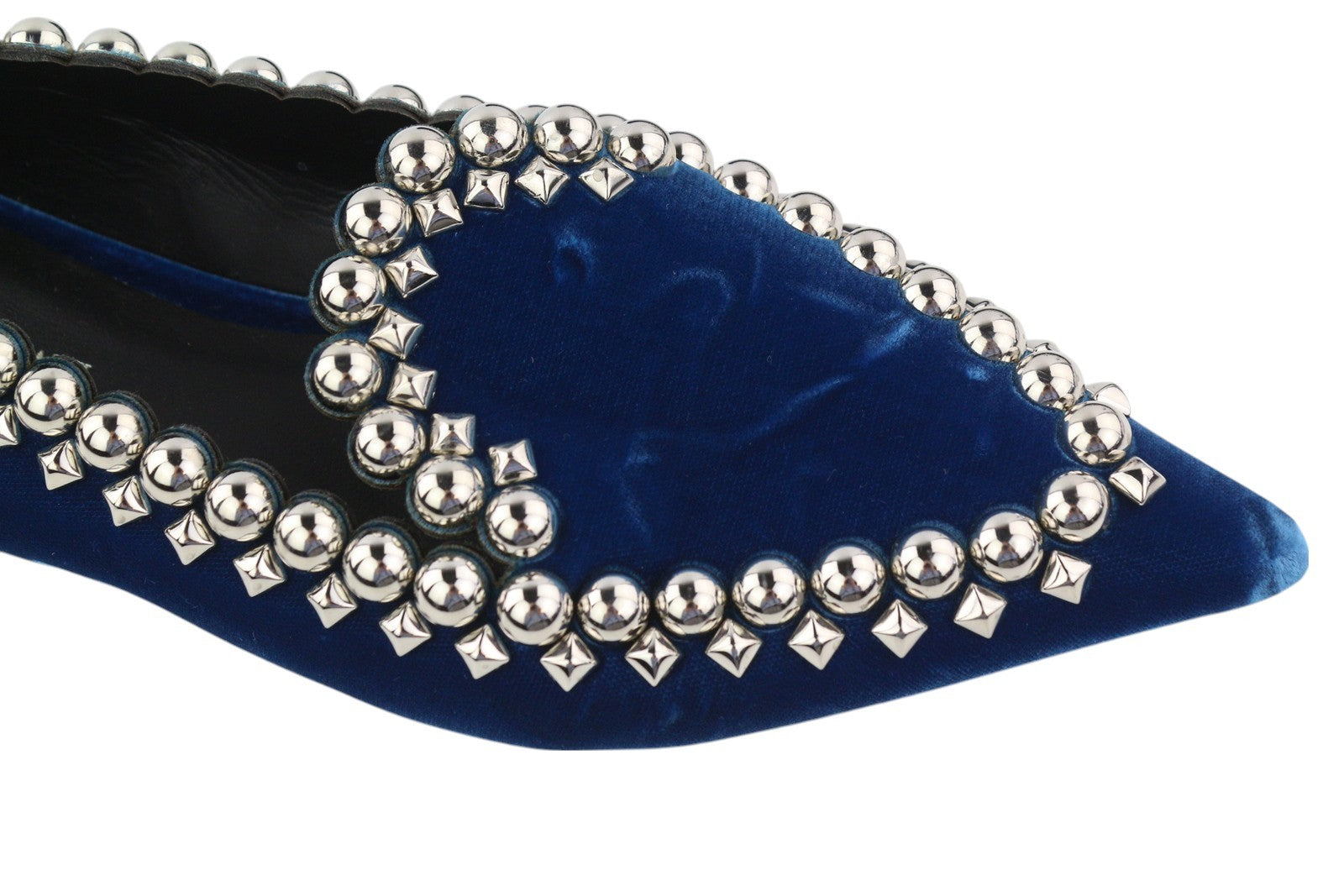 EMPORIO ARMANI X3A082 moteriški bateliai, 37 dydis, mėlyni, aksominiai, smaili nosis, metalinės detalės. 