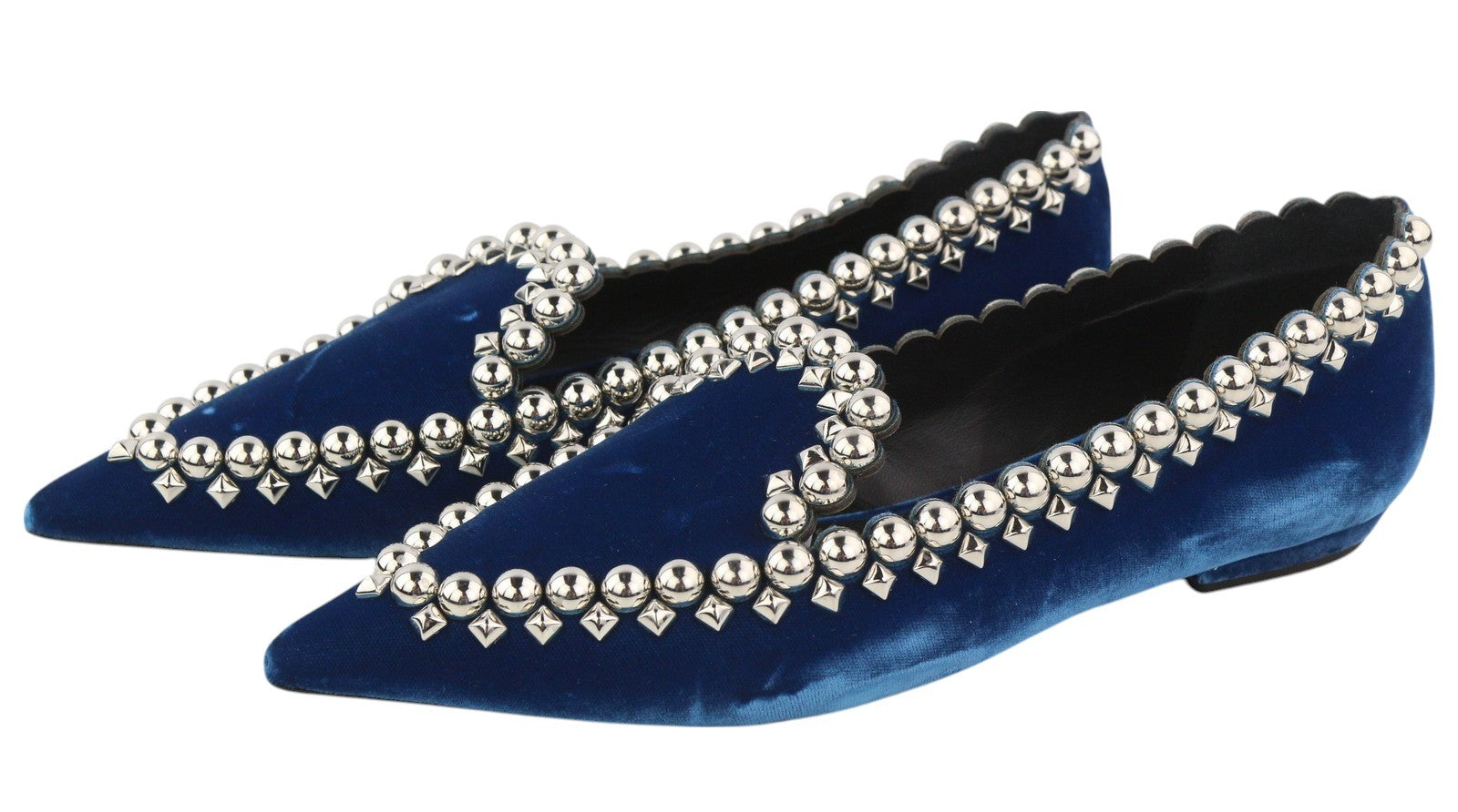 EMPORIO ARMANI X3A082 moteriški bateliai, 37 dydis, mėlyni, aksominiai, smaili nosis, metalinės detalės. 