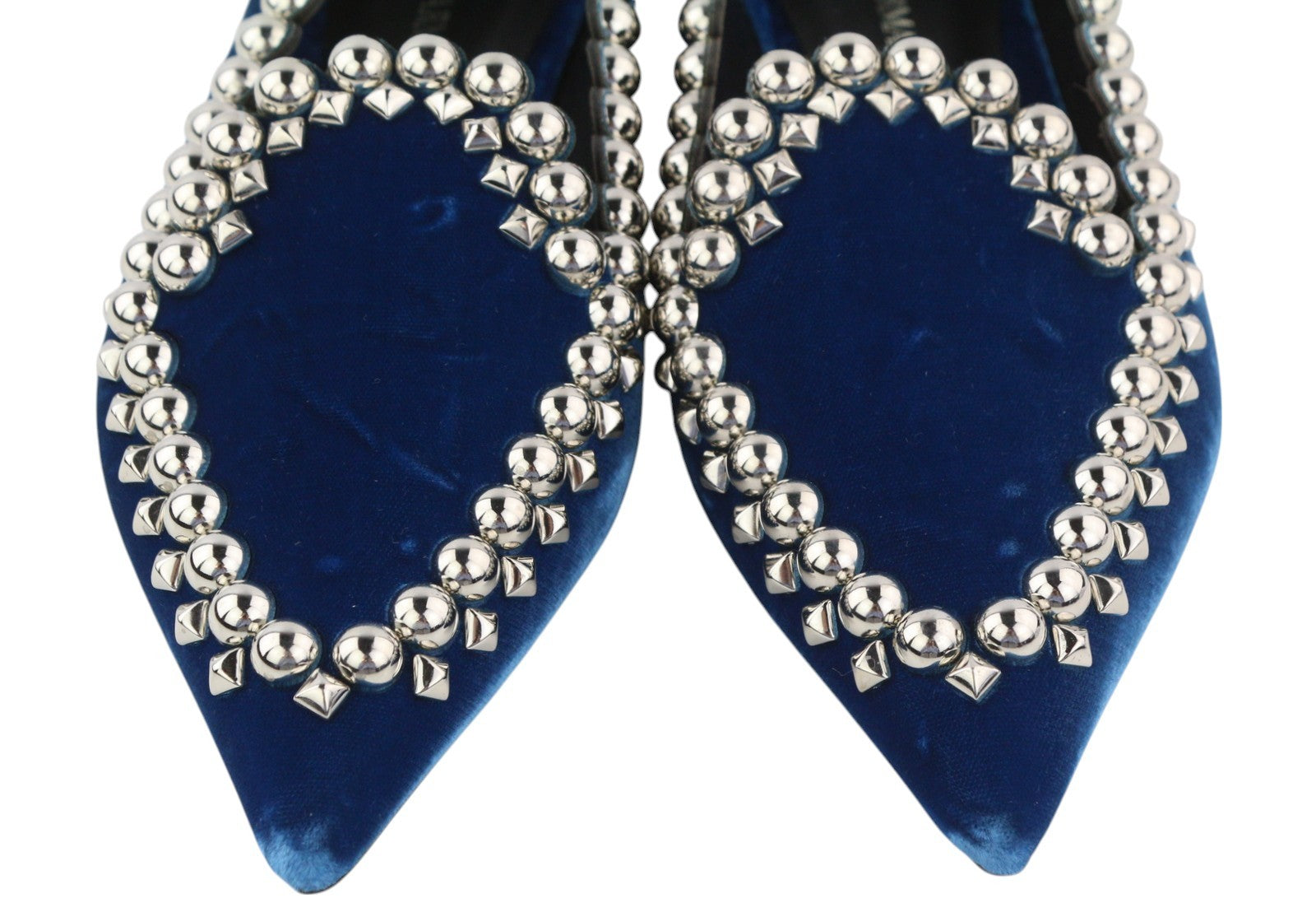 EMPORIO ARMANI X3A082 moteriški bateliai, 37 dydis, mėlyni, aksominiai, smaili nosis, metalinės detalės. 