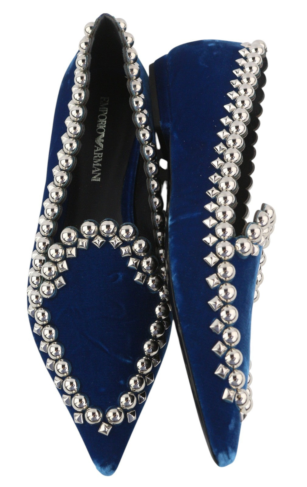 EMPORIO ARMANI X3A082 moteriški bateliai, 37 dydis, mėlyni, aksominiai, smaili nosis, metalinės detalės. 