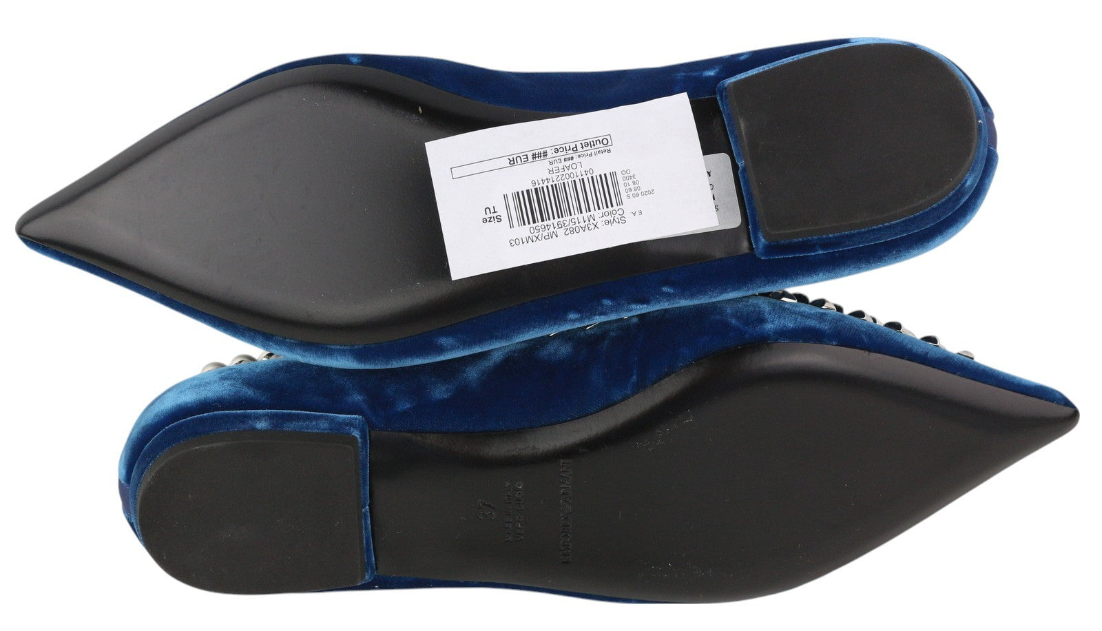 EMPORIO ARMANI X3A082 moteriški bateliai, 37 dydis, mėlyni, aksominiai, smaili nosis, metalinės detalės. 