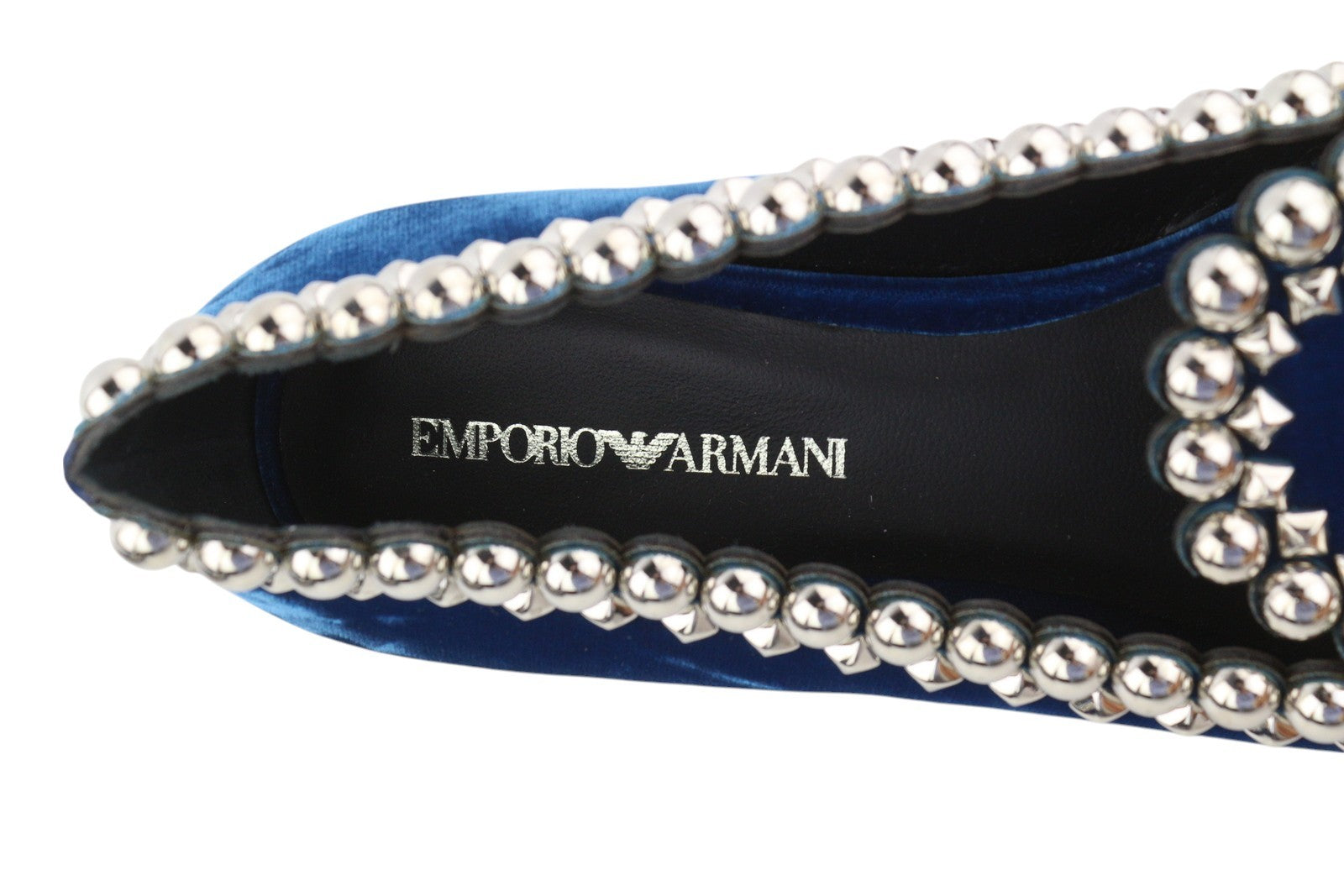 EMPORIO ARMANI X3A082 moteriški bateliai, 37 dydis, mėlyni, aksominiai, smaili nosis, metalinės detalės. 