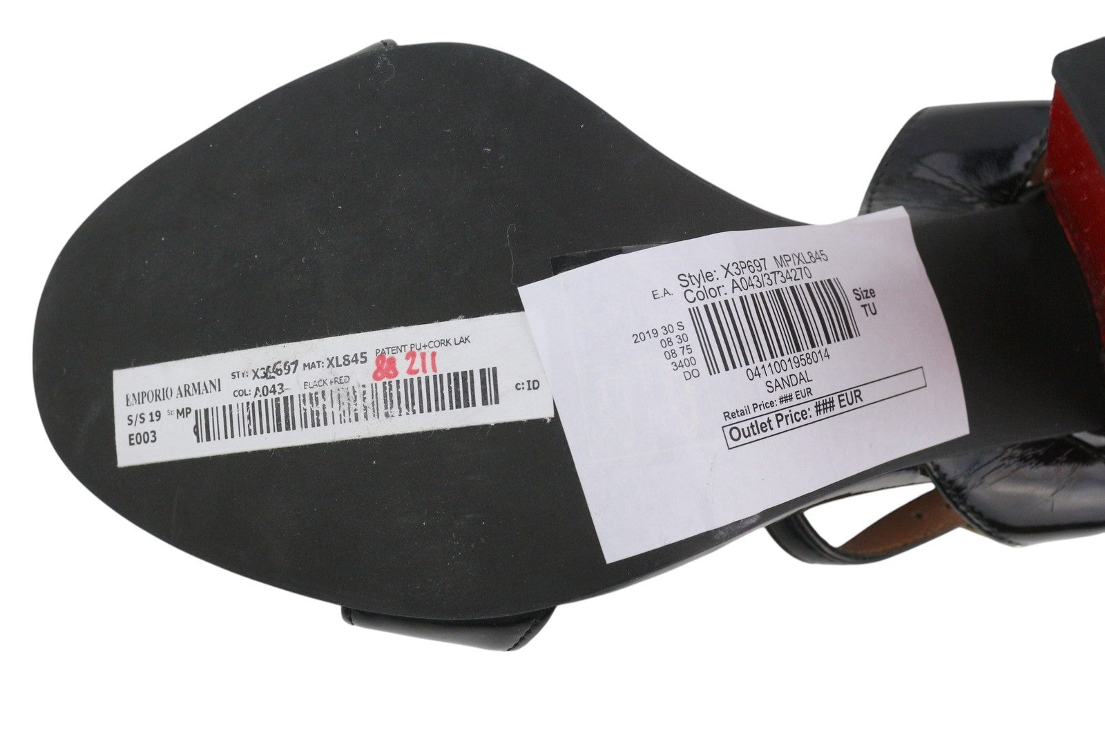 EMPORIO ARMANI X3P697 moteriški aukštakulniai, juodi, lakuotos odos, atviri, blokiniai aukštakulniai, EU37 