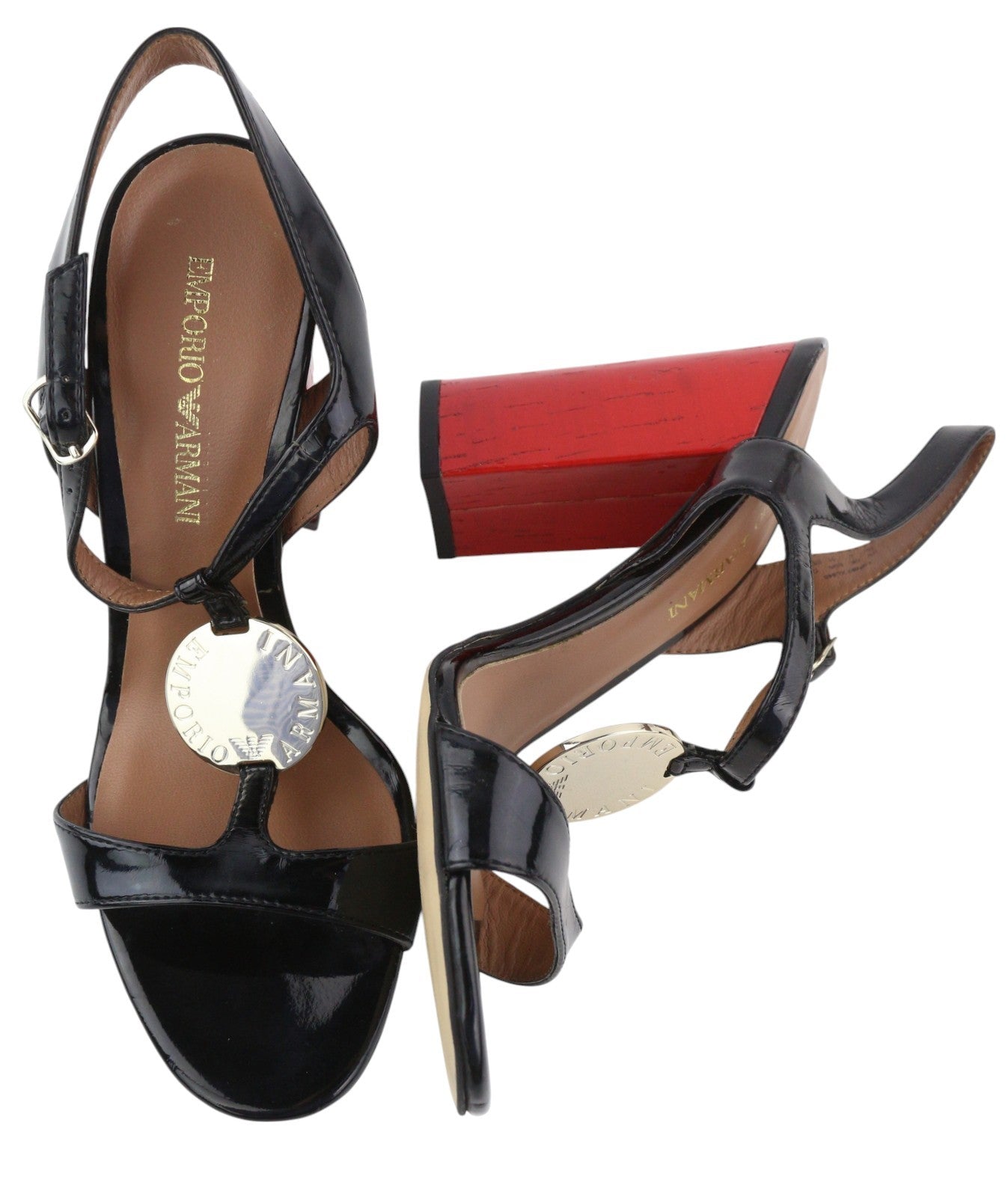 EMPORIO ARMANI X3P697 moteriški aukštakulniai, juodi, lakuotos odos, atviri, blokiniai aukštakulniai, EU37 