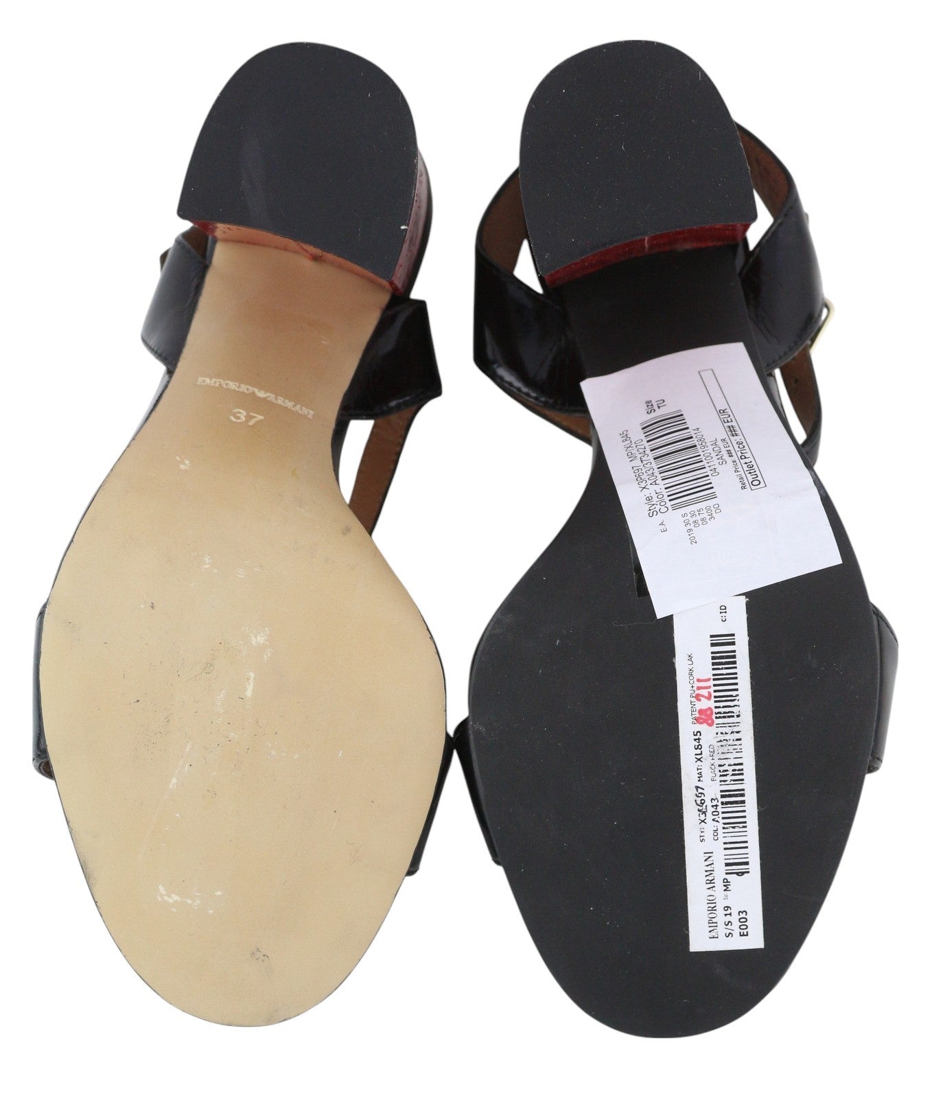 EMPORIO ARMANI X3P697 moteriški aukštakulniai, juodi, lakuotos odos, atviri, blokiniai aukštakulniai, EU37 