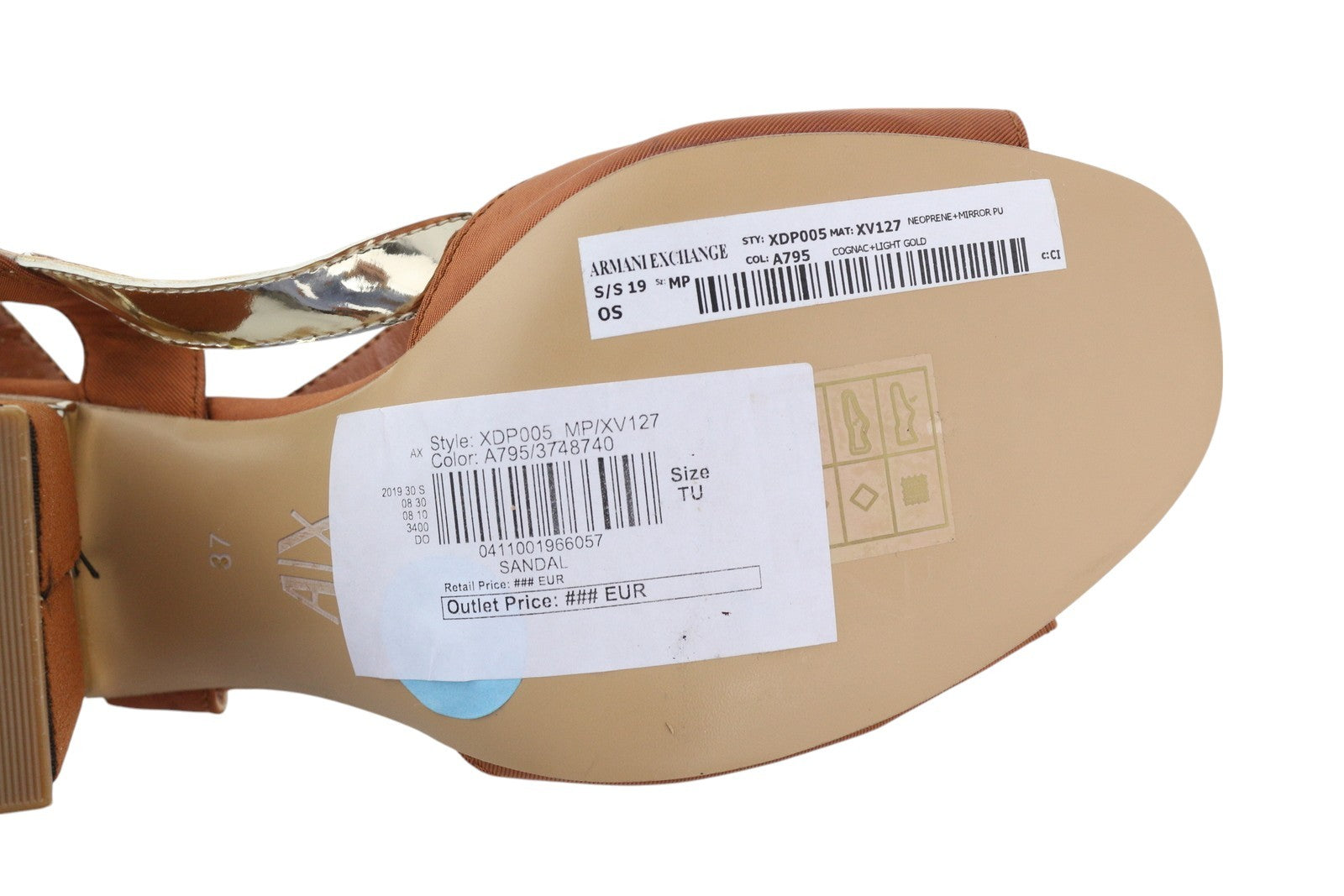 ARMANI EXCHANGE XDP005 moteriškos basutės, 37 dydžio, rudos, blizgios odos detalės, blokinis kulnas. 