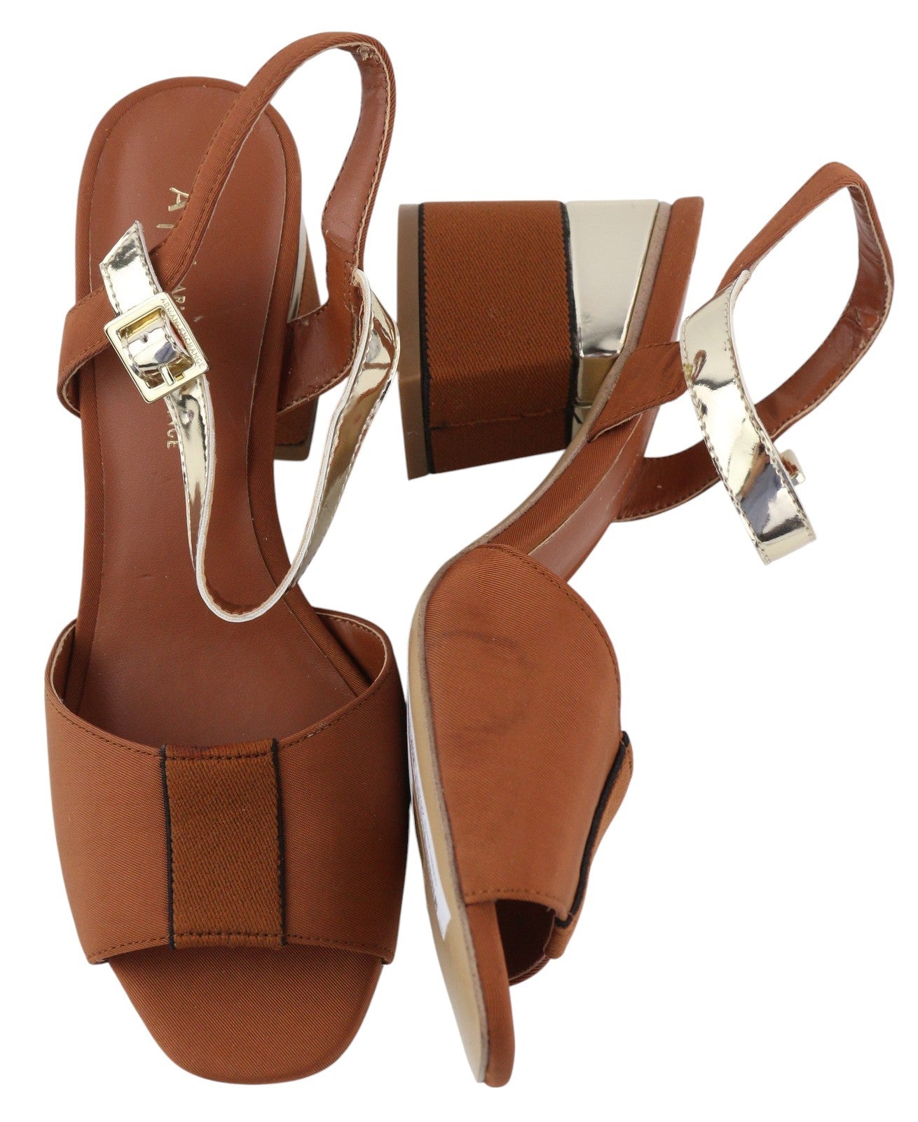 ARMANI EXCHANGE XDP005 moteriškos basutės, 37 dydžio, rudos, blizgios odos detalės, blokinis kulnas. 