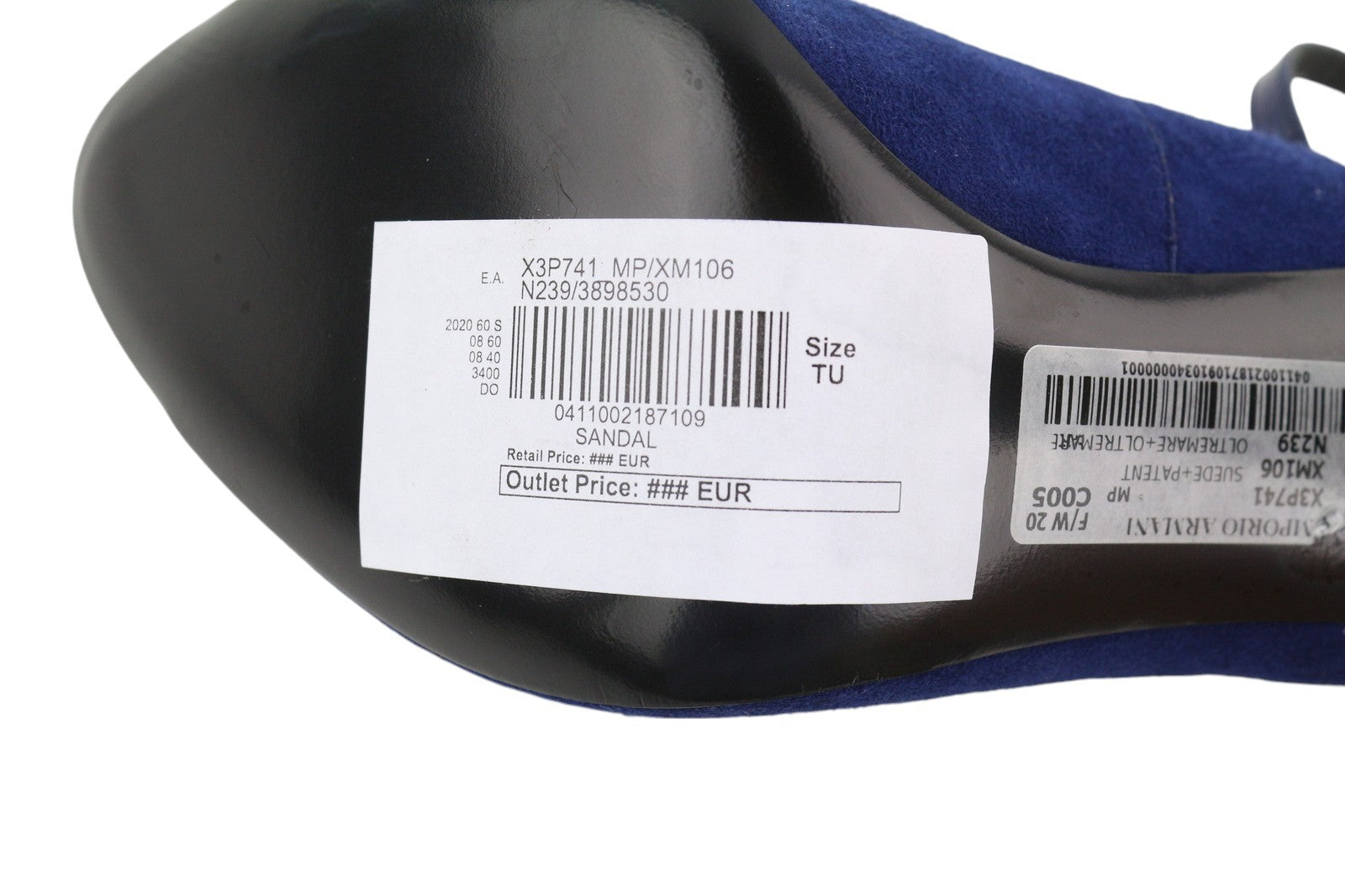 EMPORIO ARMANI X3P741 moteriški aukštakulniai, mėlyni, zomšiniai, lakuotos odos, atvira nosimi, su sagtimi. 