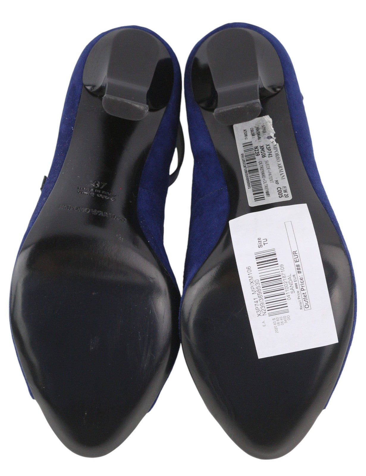 EMPORIO ARMANI X3P741 moteriški aukštakulniai, mėlyni, zomšiniai, lakuotos odos, atvira nosimi, su sagtimi. 