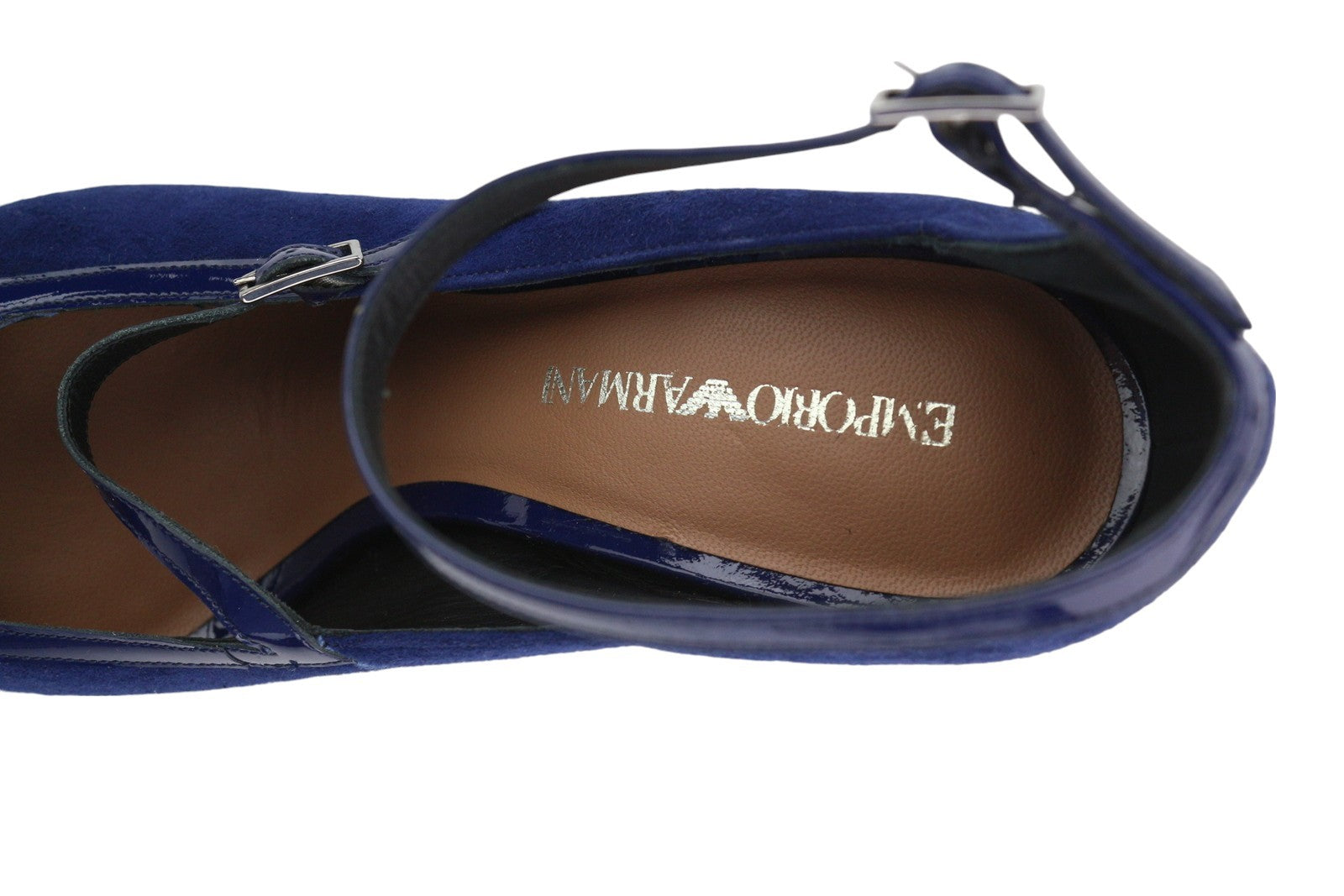 EMPORIO ARMANI X3P741 moteriški aukštakulniai, mėlyni, zomšiniai, lakuotos odos, atvira nosimi, su sagtimi. 