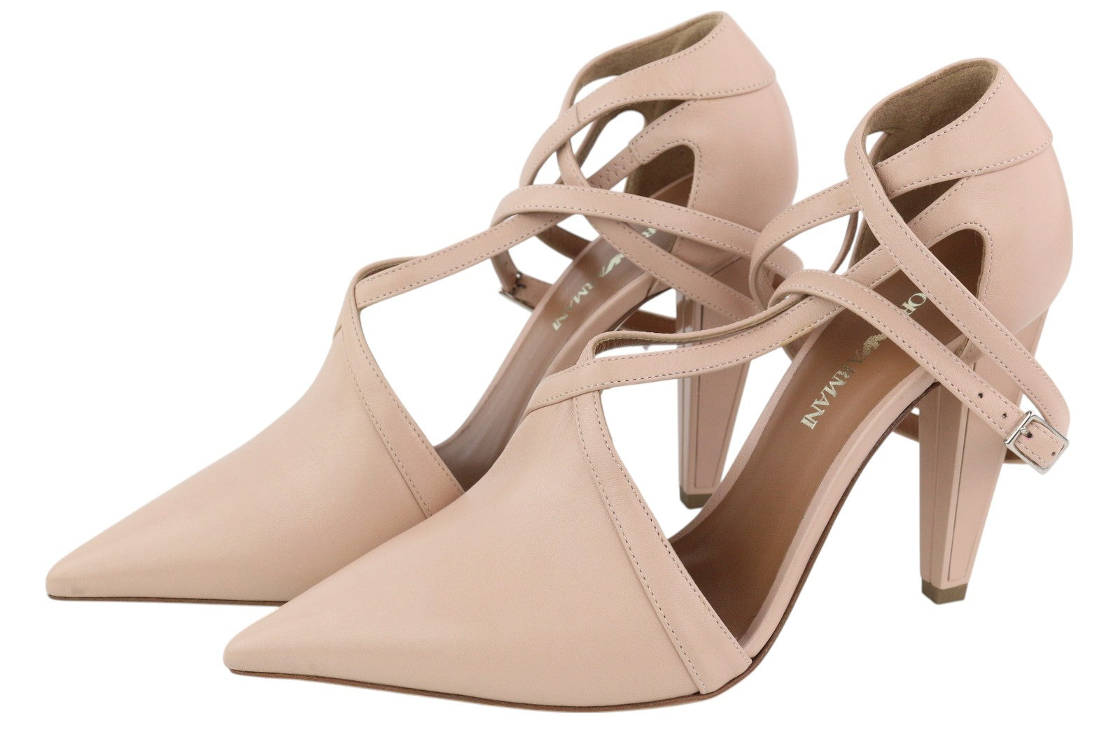 EMPORIO ARMANI moteriški aukštakulniai, 37 €, šviesiai rožinės spalvos, odiniai, smailios nosies, su sagtimi. 