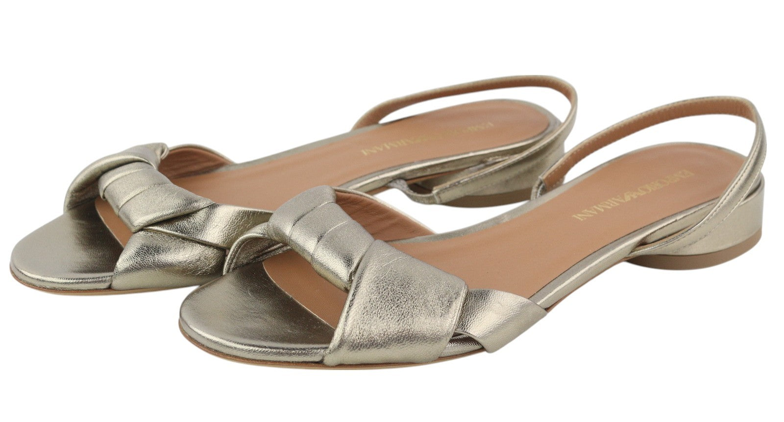 EMPORIO ARMANI moteriškos basutės, 37 EU, blizgančios auksinės spalvos, odinės, užsegamos, be kulno, su logotipu 