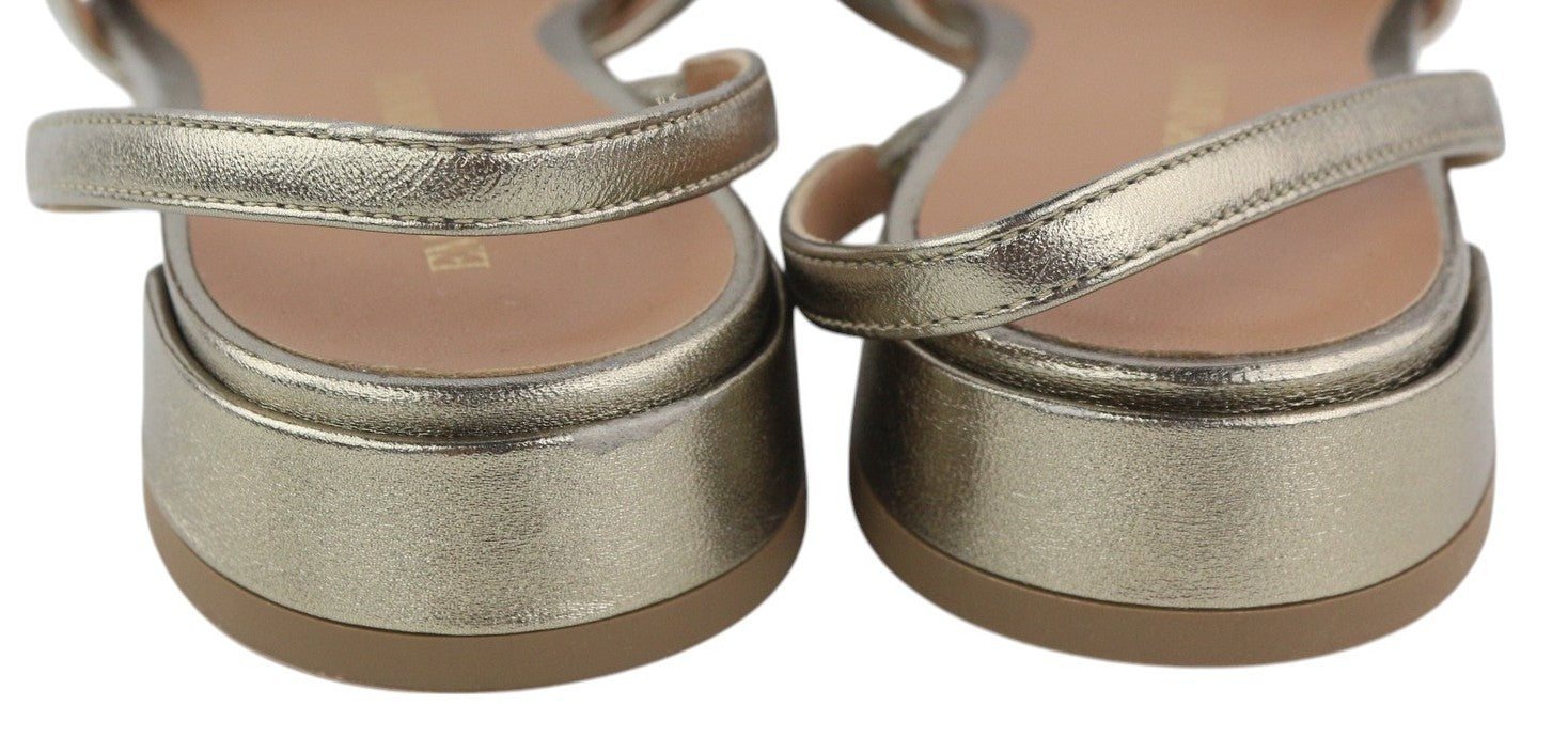 EMPORIO ARMANI moteriškos basutės, 37 EU, blizgančios auksinės spalvos, odinės, užsegamos, be kulno, su logotipu 