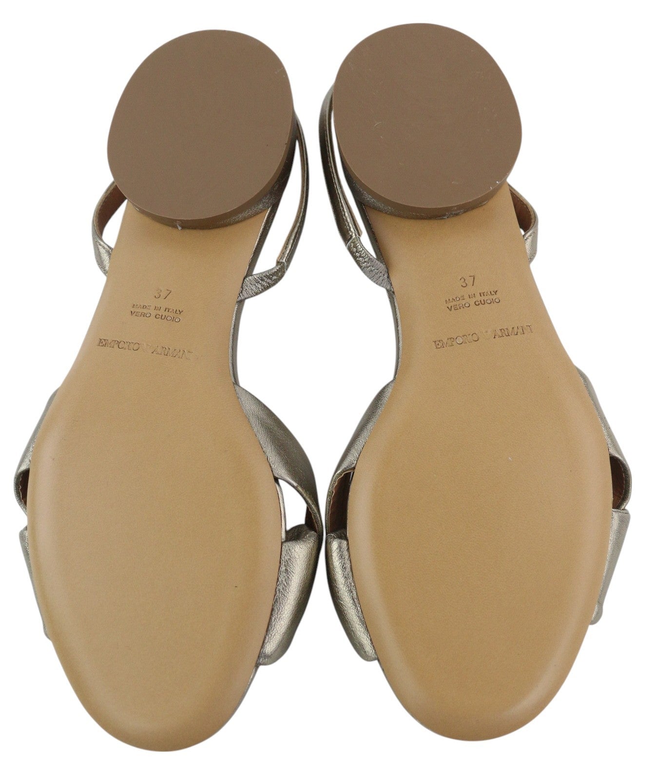 EMPORIO ARMANI moteriškos basutės, 37 EU, blizgančios auksinės spalvos, odinės, užsegamos, be kulno, su logotipu 